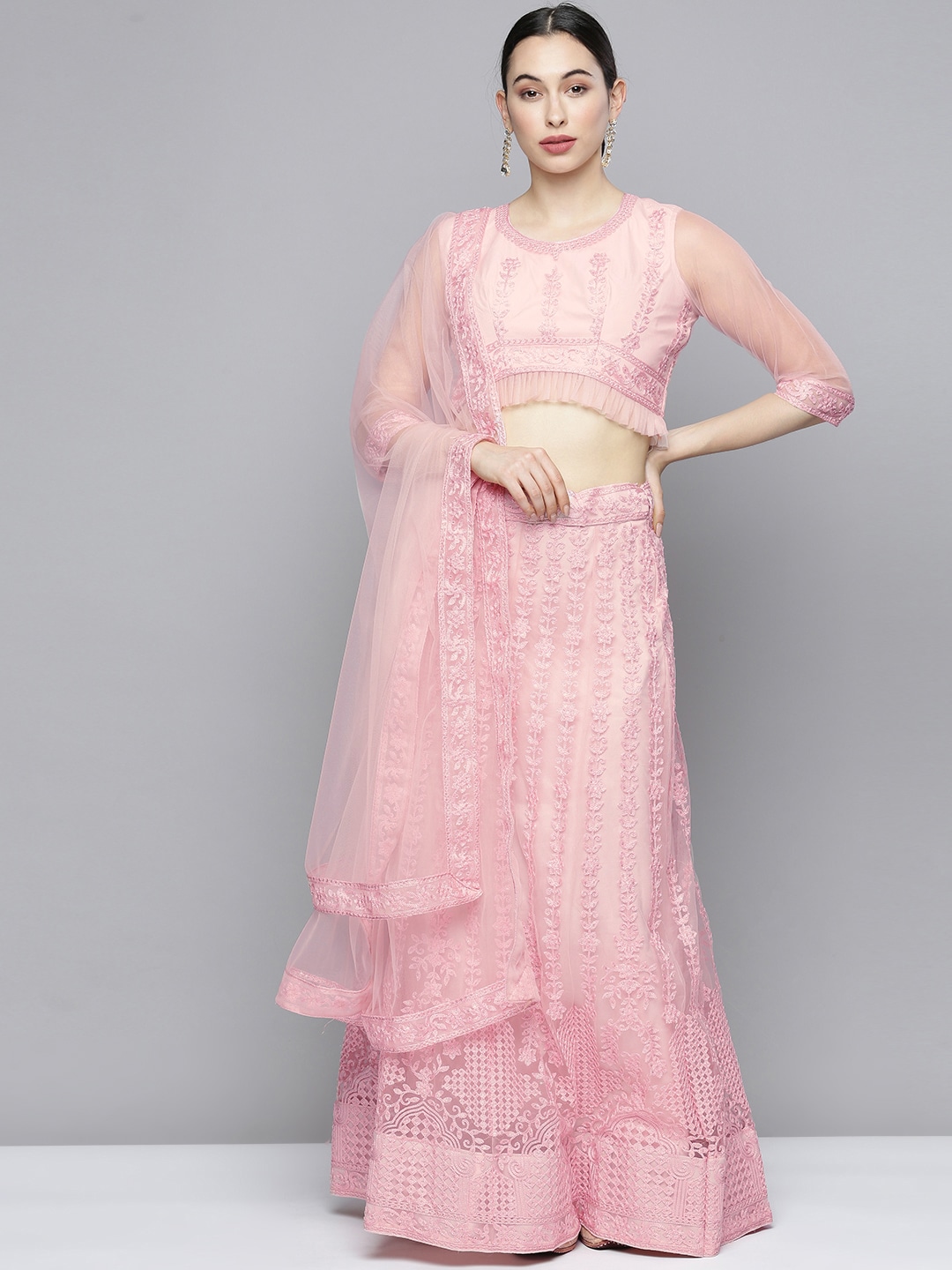 Kvsfab Pink Embroidered Sequinned Semi-Stitched Lehenga & Unstitched Blouse With Dupatta Price in India