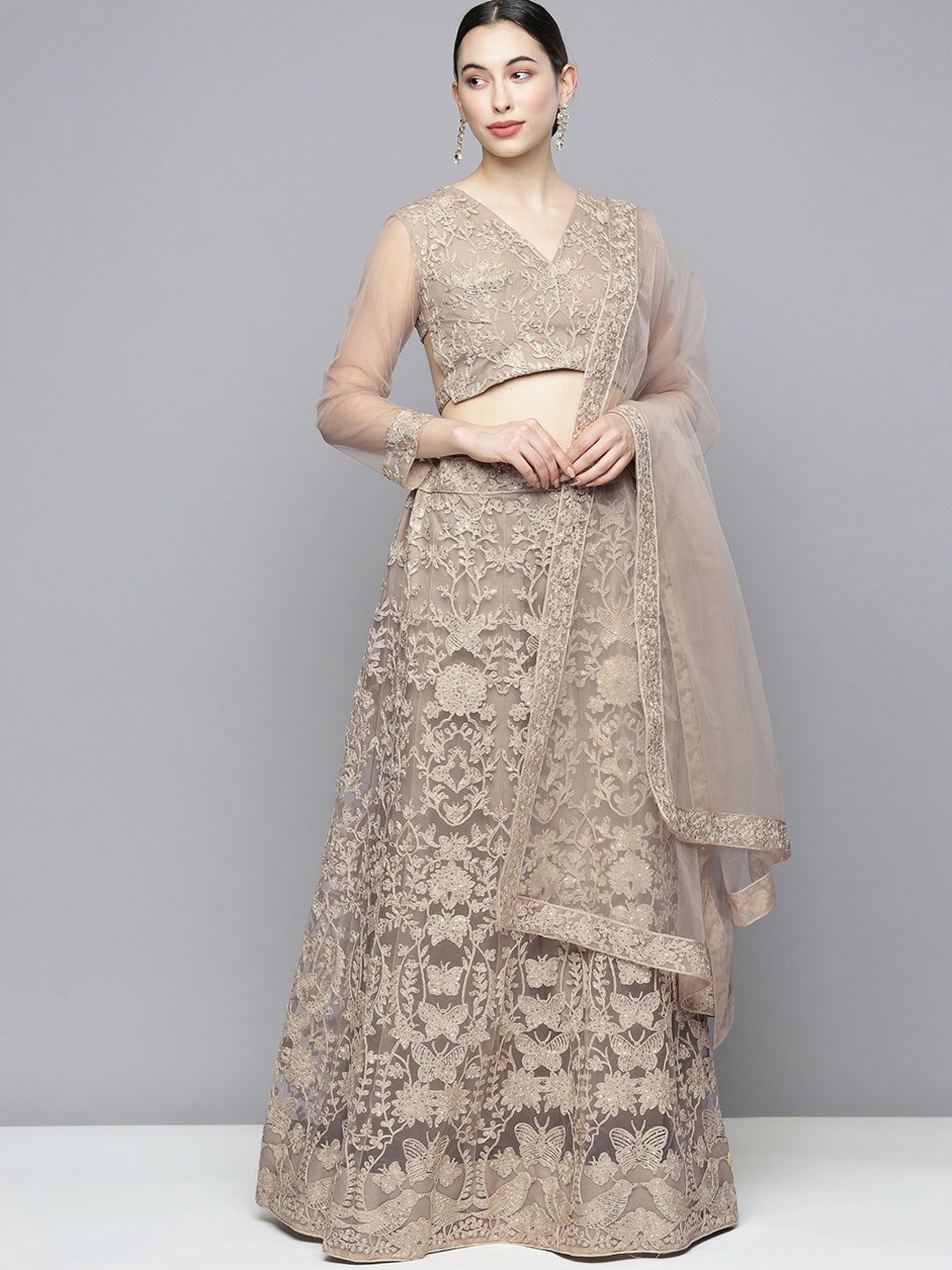 Kvsfab Beige Embroidered Sequinned Semi-Stitched Lehenga & Unstitched Blouse With Dupatta Price in India