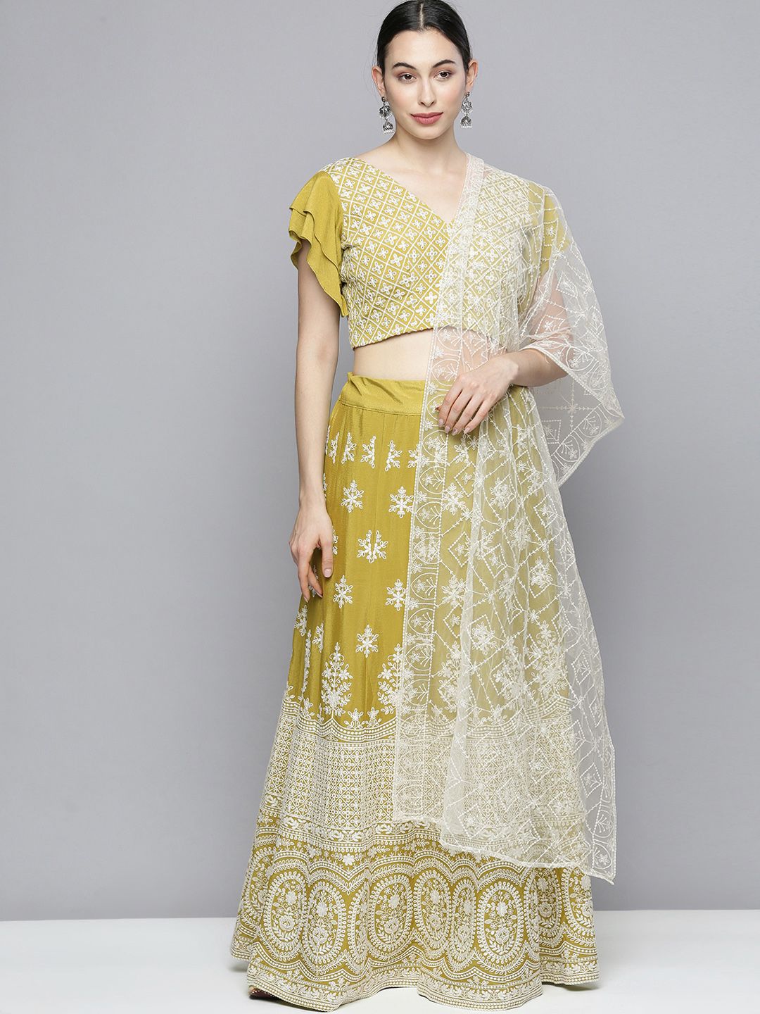 Kvsfab Mustard Embroidered Sequinned Semi-Stitched Lehenga & Unstitched Blouse With Dupatta Price in India