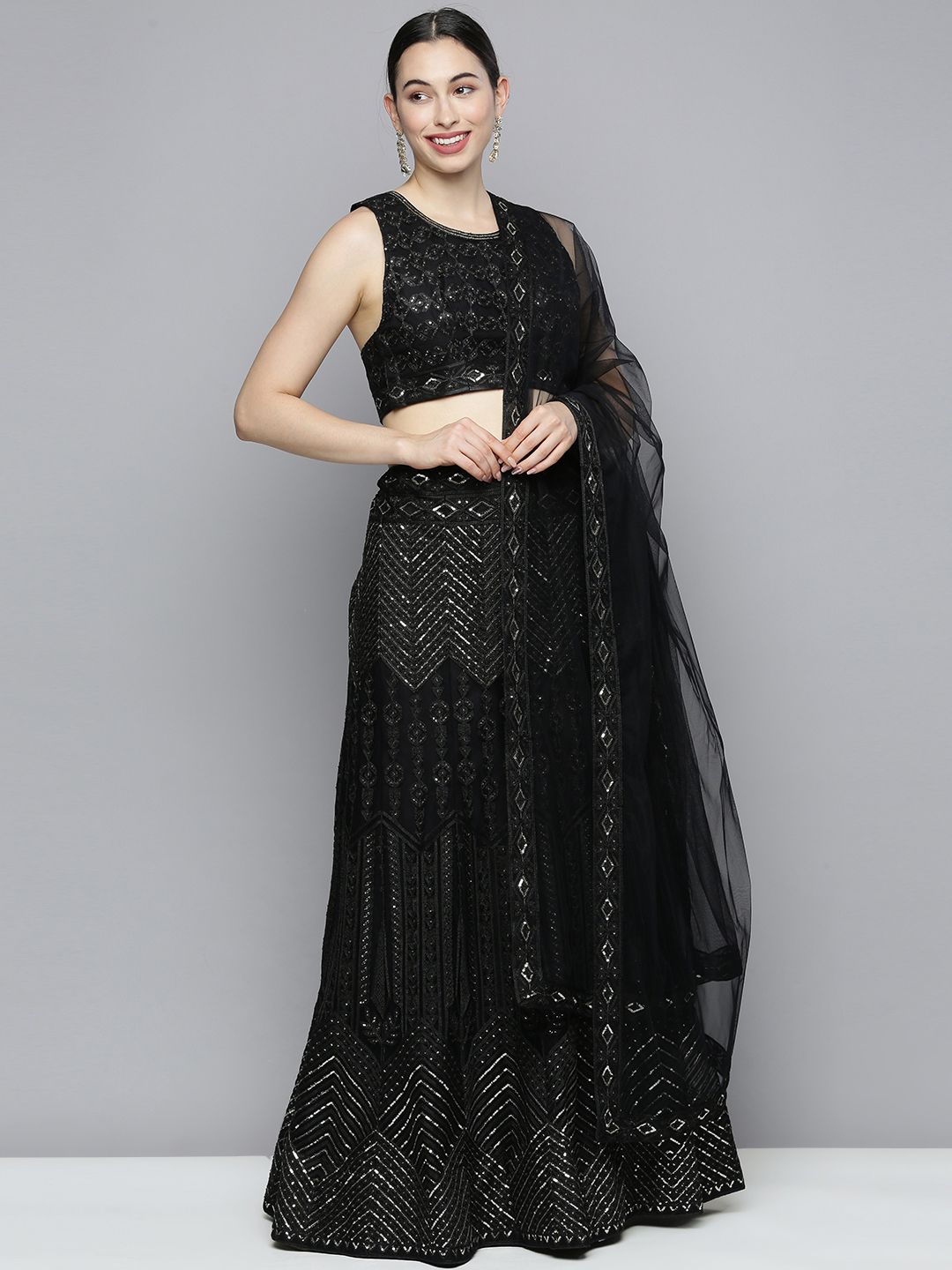 Kvsfab Black Embroidered Sequinned Semi-Stitched Lehenga & Unstitched Blouse With Dupatta Price in India
