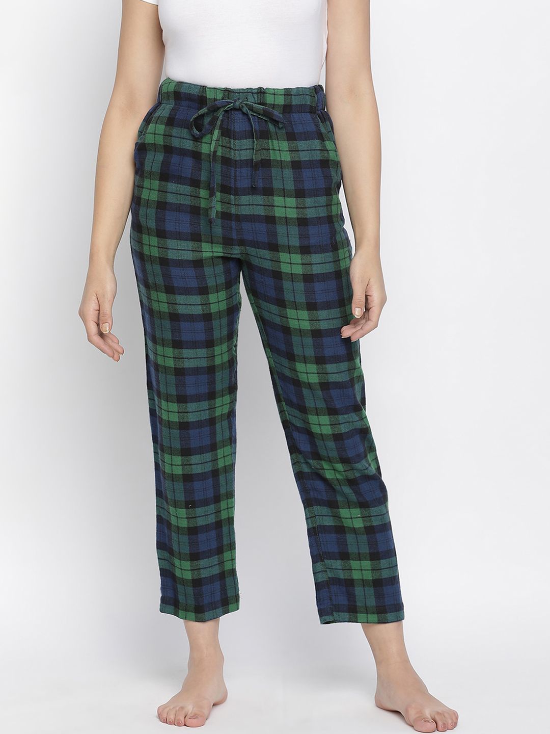 Oxolloxo Women Green & Black Checked Cotton Pyjama Price in India