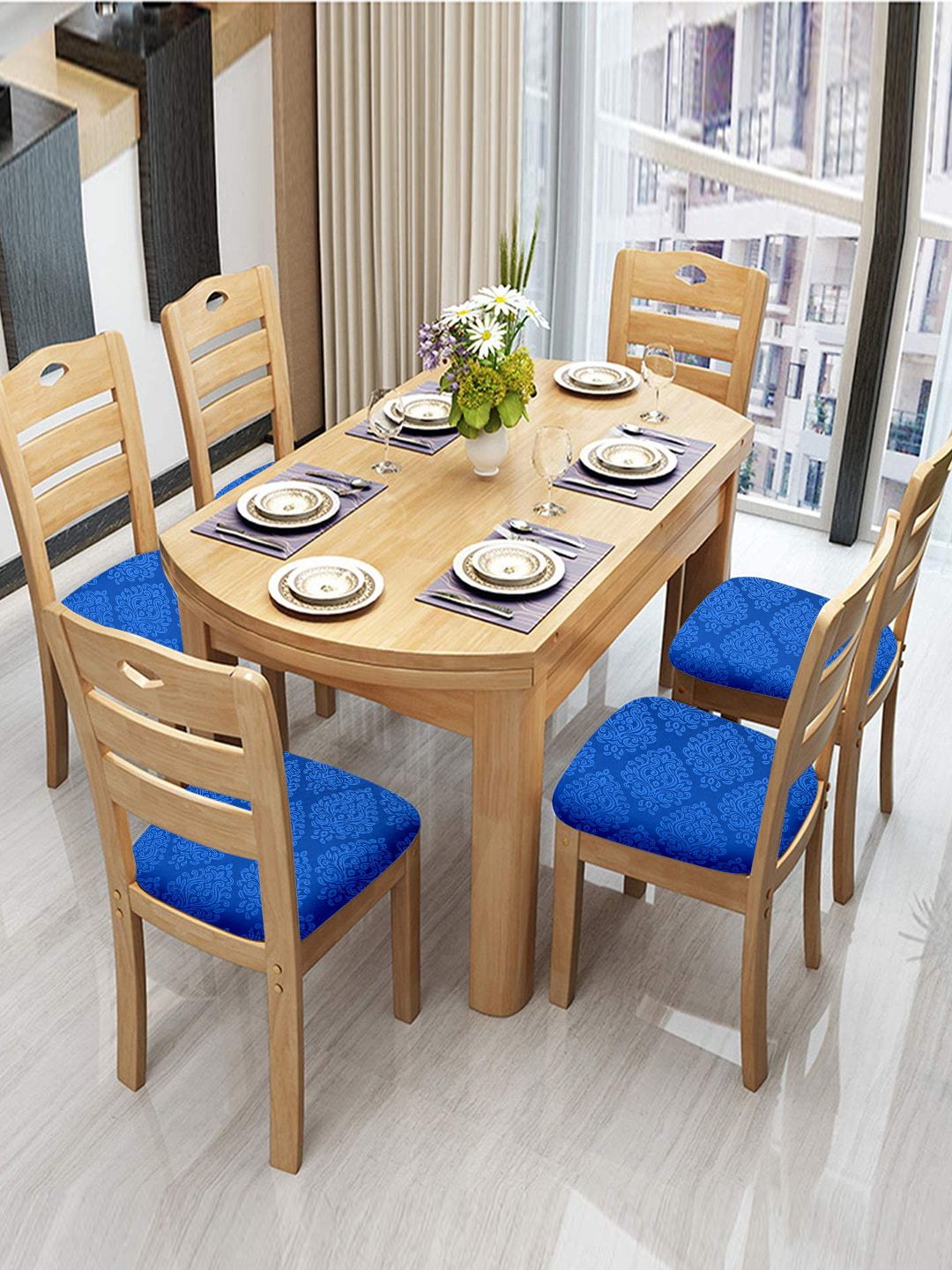 Cortina Set Of 6 Blue Printed General Support Chair Pads Price in India