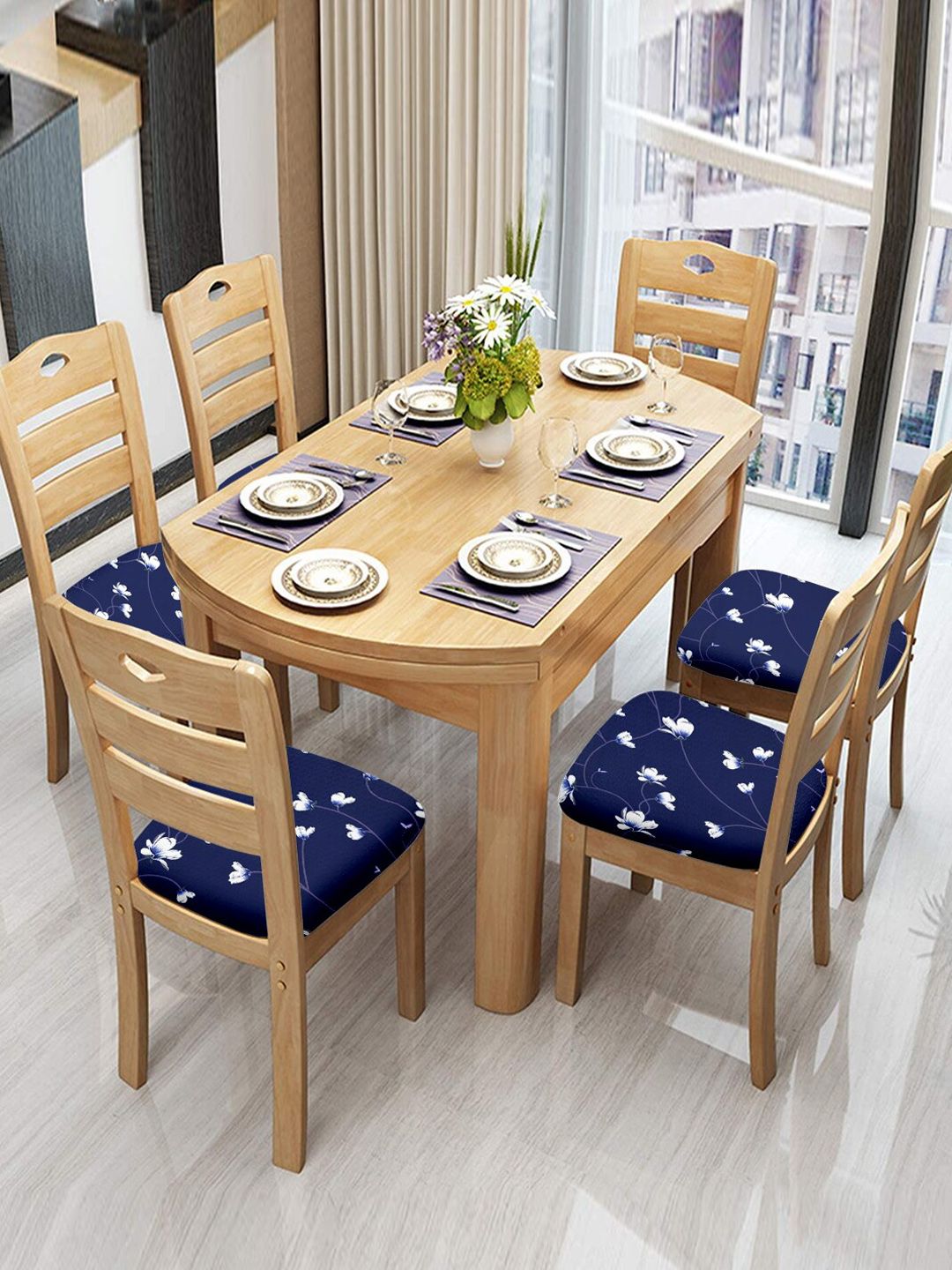 Cortina Navy Blue & White Printed Chair Pad Price in India