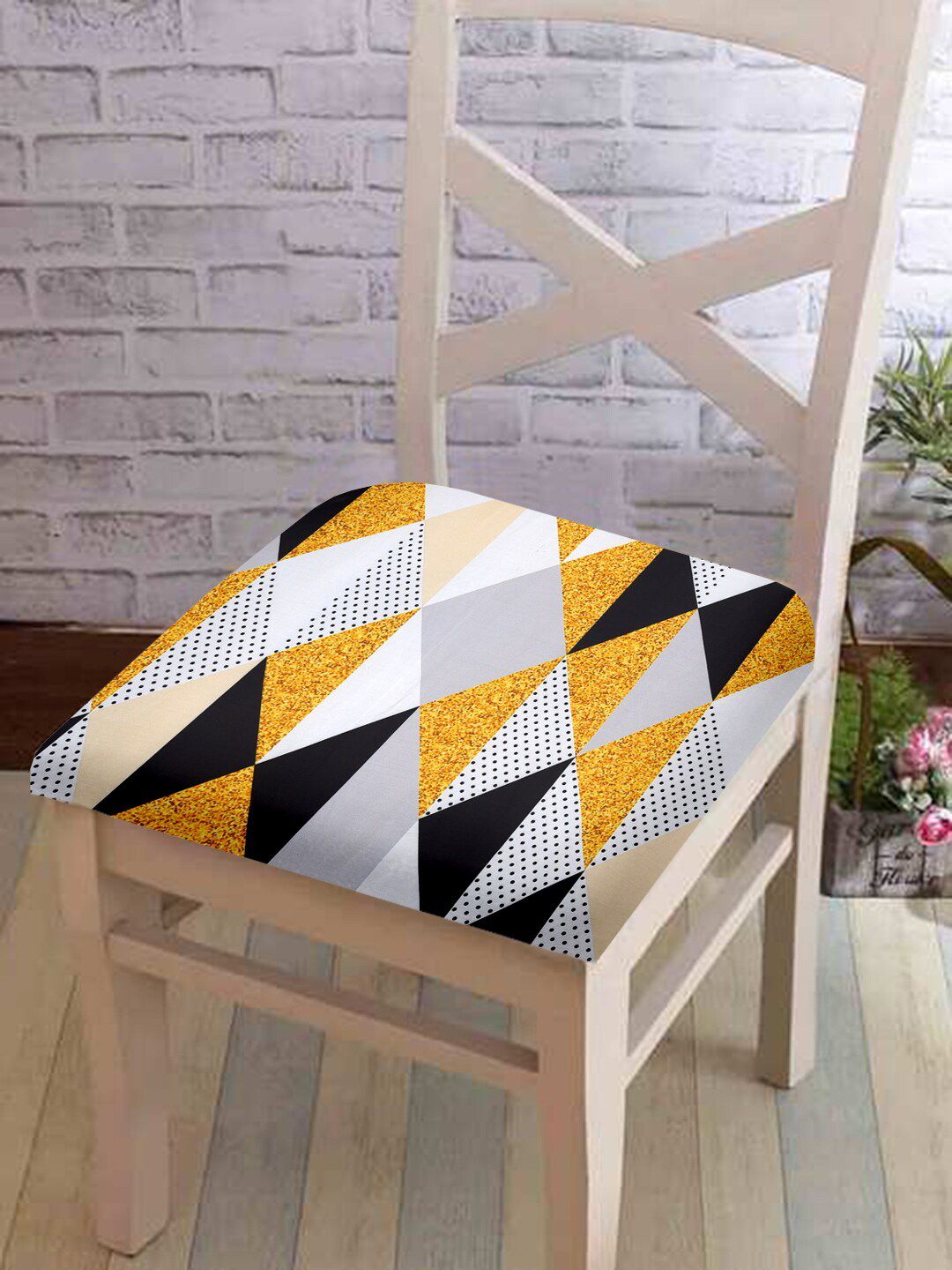 Cortina Yellow & Black Printed Chair Seat Cover Price in India