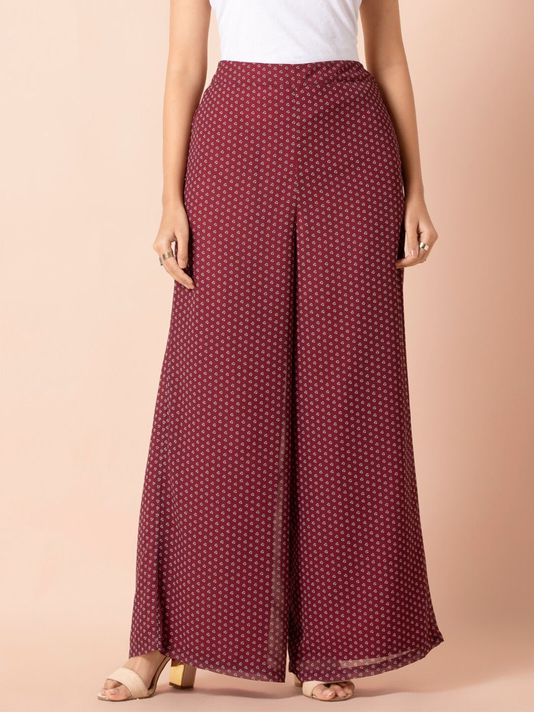 INDYA Women Maroon Bandhani Flared Palazzo Pants Price in India