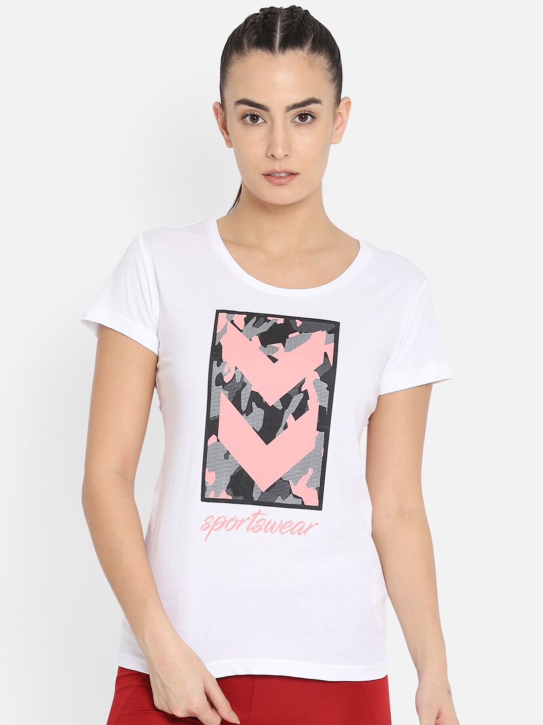 hummel Women White Graphic Printed Cotton Sports T-shirt Price in India