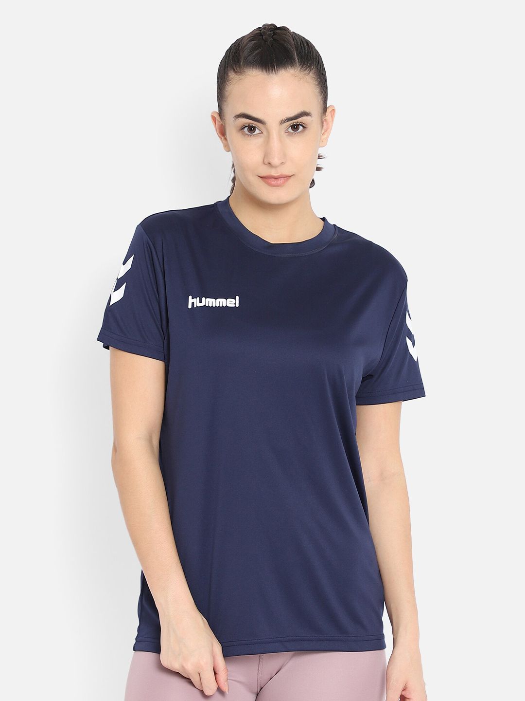 hummel Women Navy Blue Brand Logo Sports T-shirt Price in India