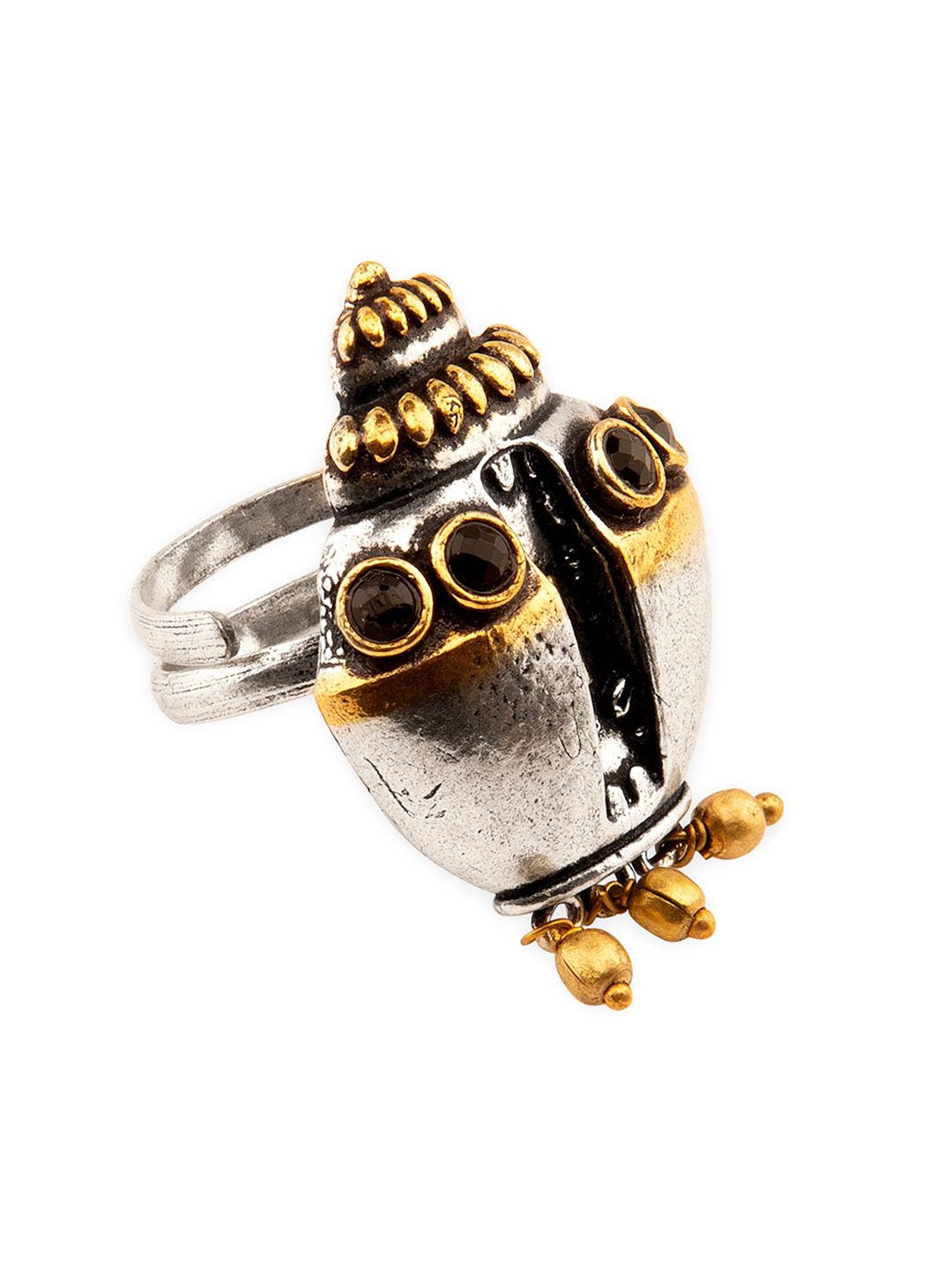 Studio Voylla Silver-Toned & Gold-Toned Gullak Ghungroo Drop Adjustable Finger Ring Price in India