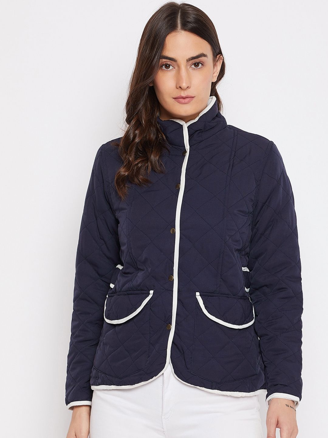 PURYS Women Navy Blue Solid Quilted Jacket Price in India