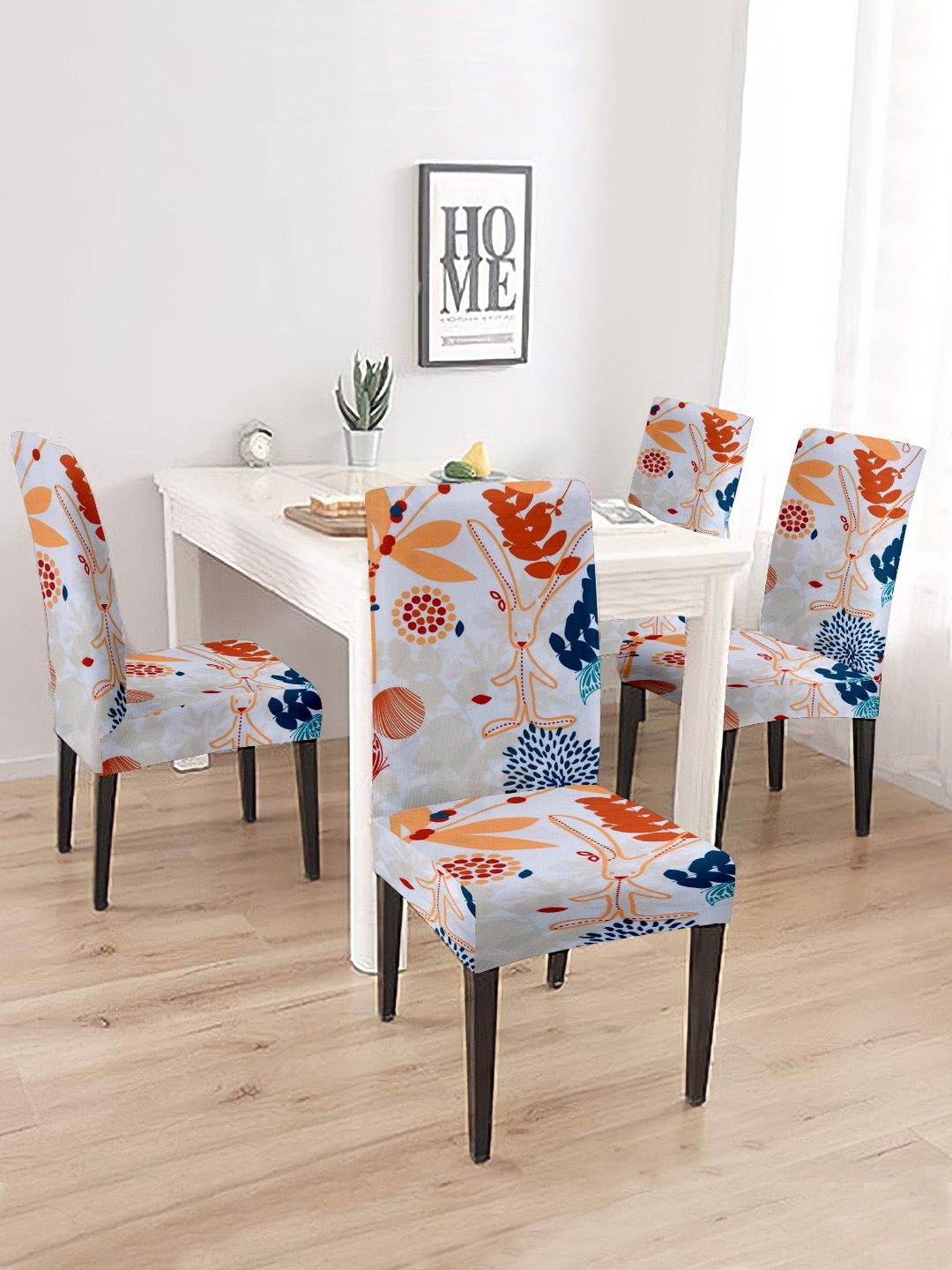 Cortina Set Of 4 Beige & Orange Printed Chair Cover Price in India