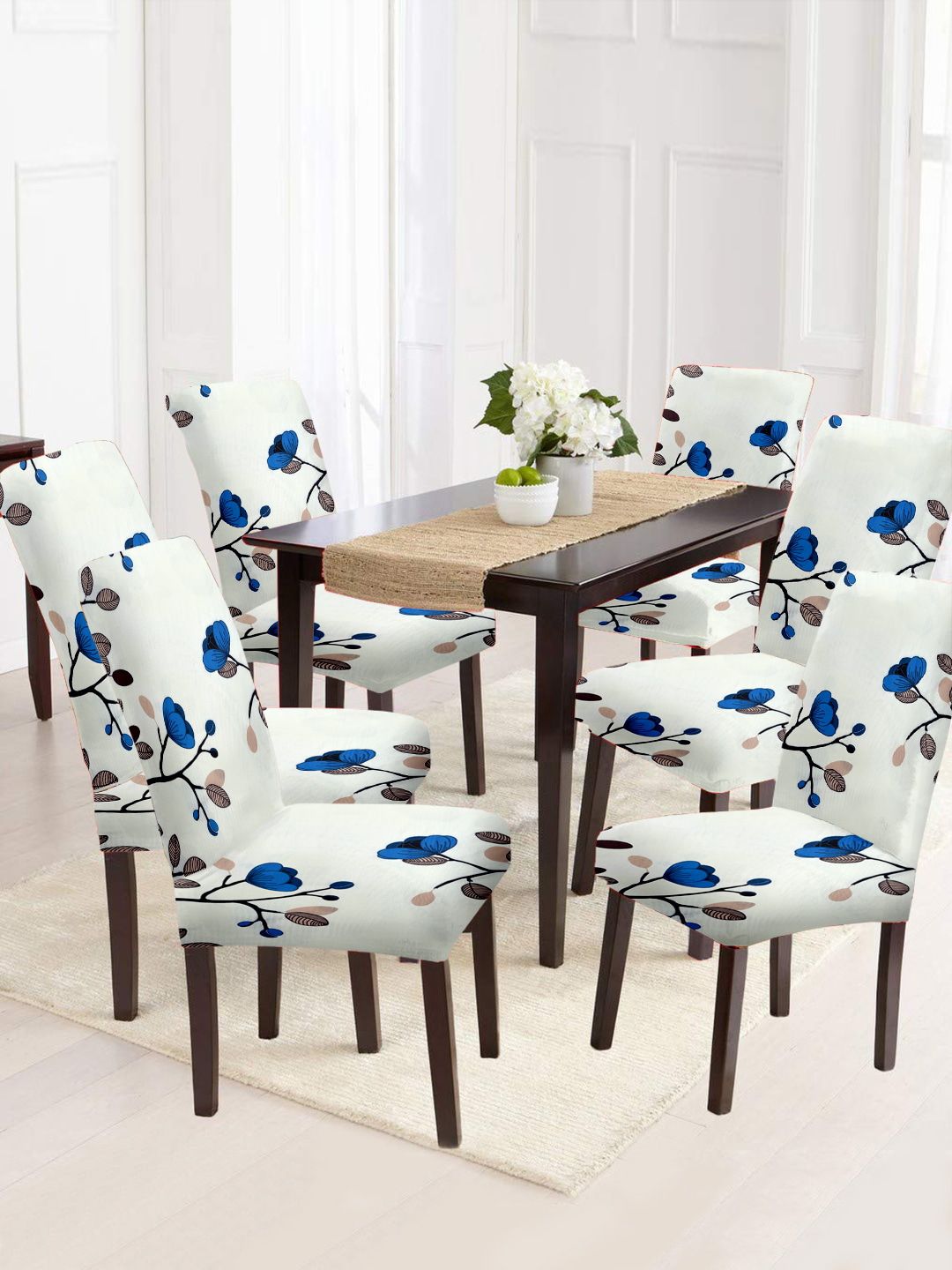 Cortina Set Of 6 Blue & White Printed Chair Covers Price in India