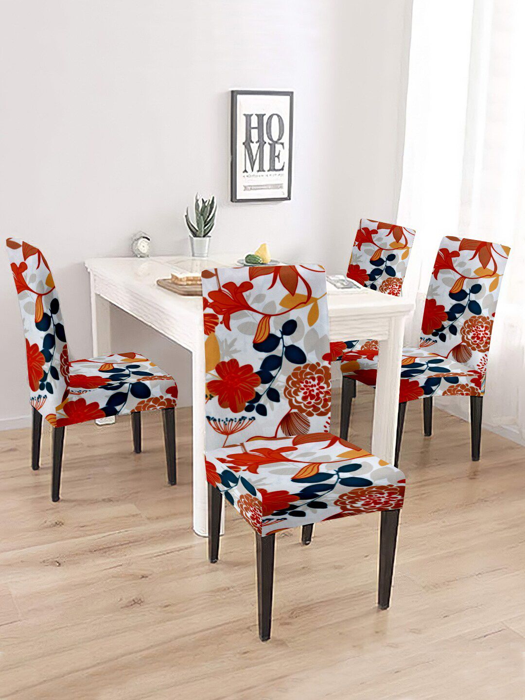 Cortina Set Of 4 Orange & White Printed Chair Covers Price in India