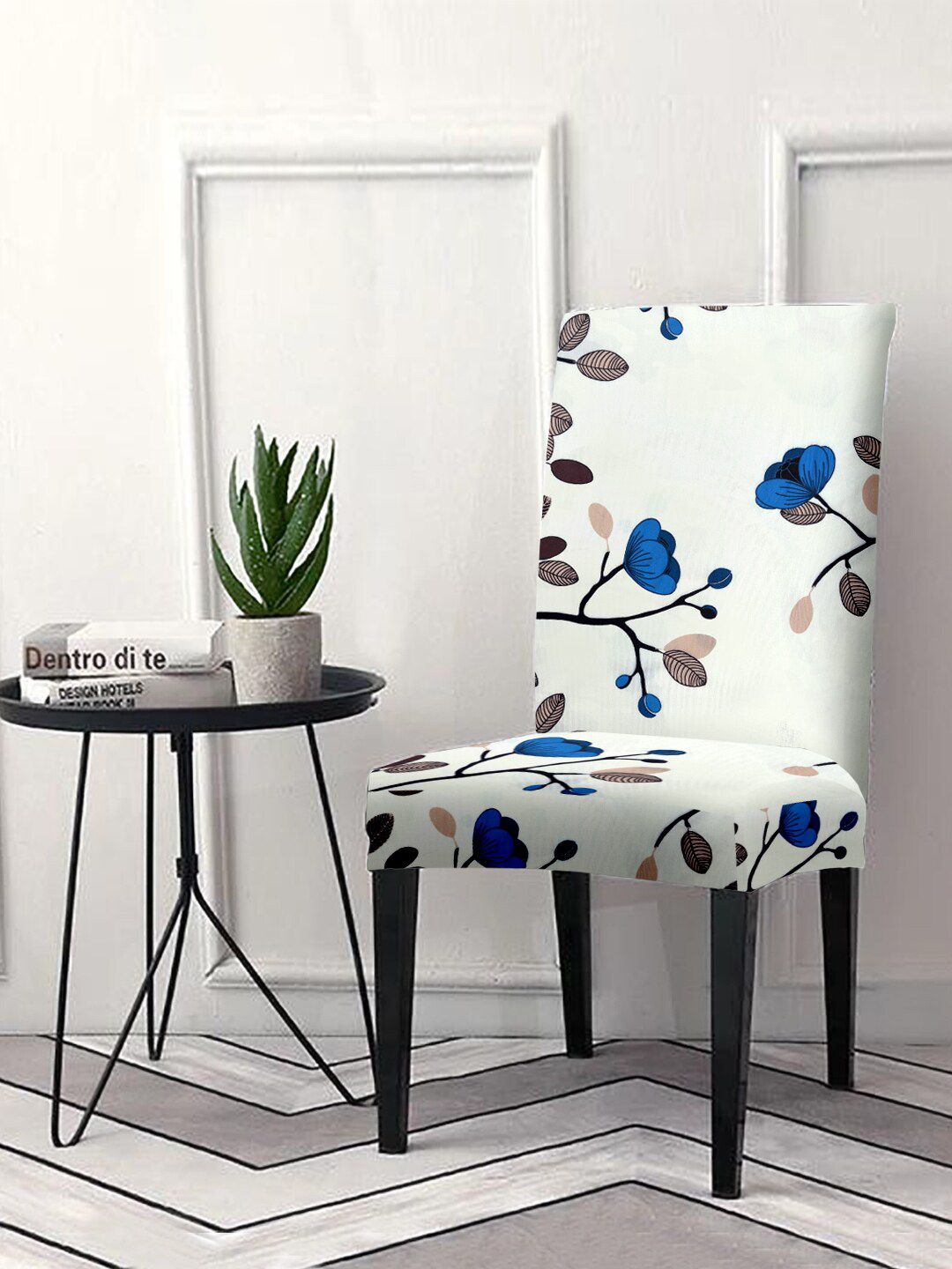 Cortina White & Blue Floral Printed Chair Cover Price in India