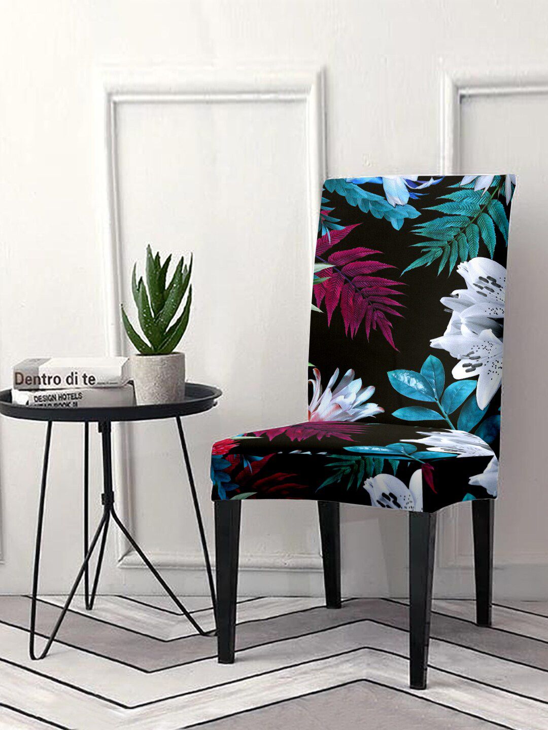 Cortina Black & Blue Printed Chair Cover Price in India