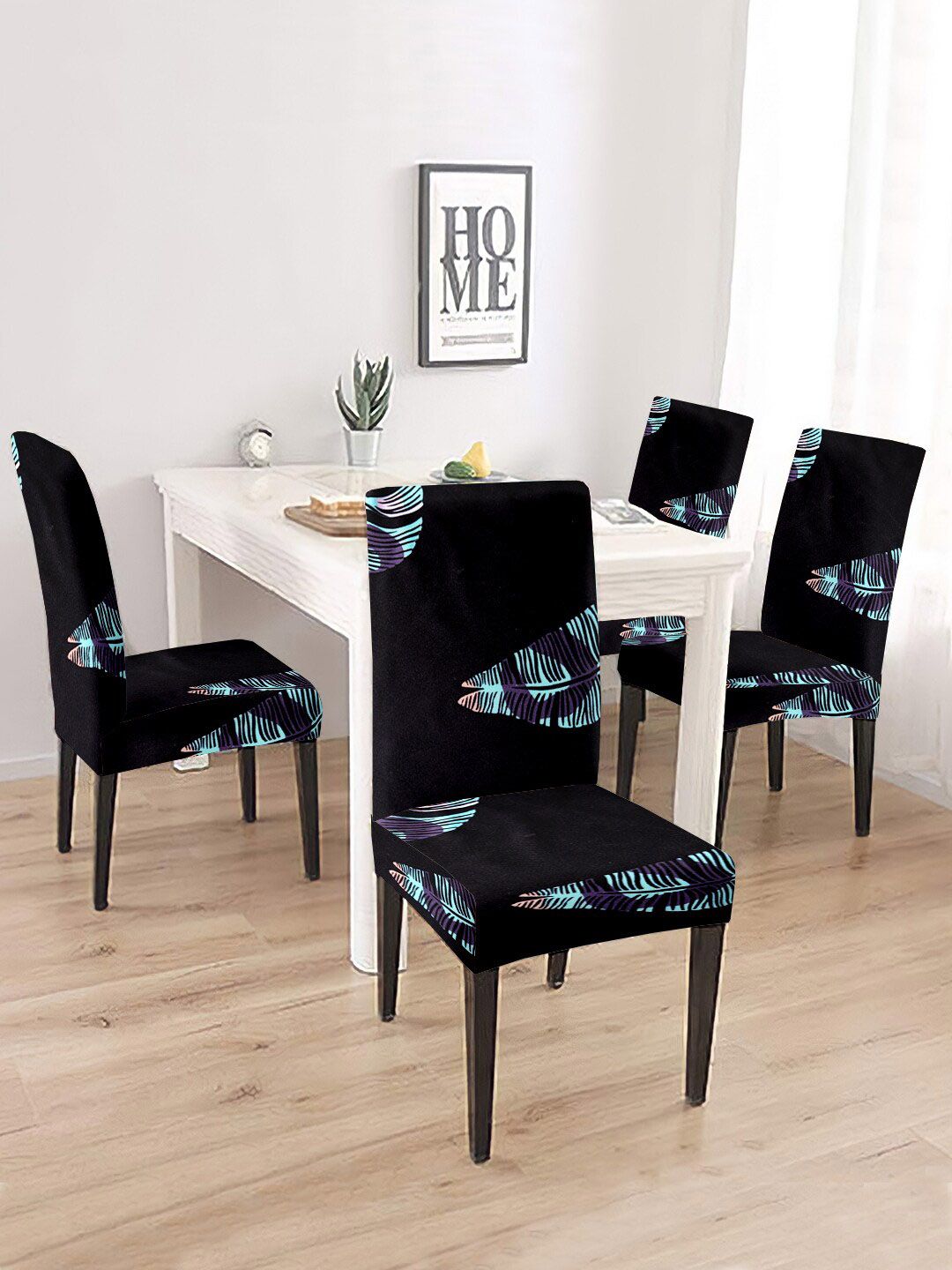 Cortina Set Of 4 Black & Blue Printed Chair Cover Price in India