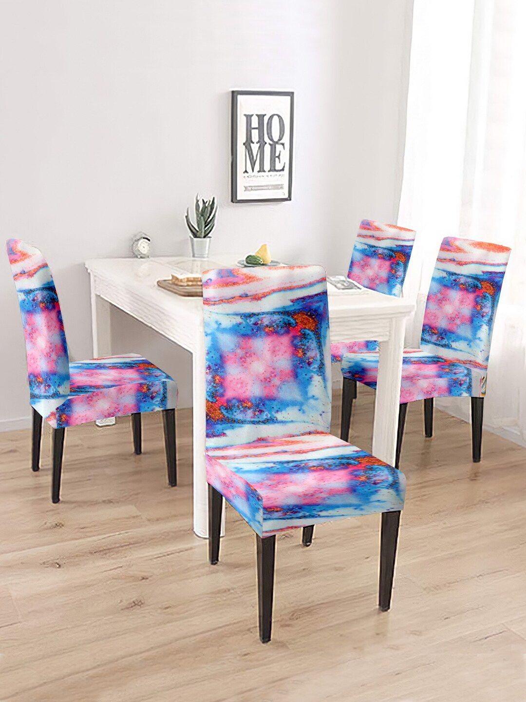 Cortina Set Of 4 Blue & Pink Abstract Printed Chair Covers Price in India