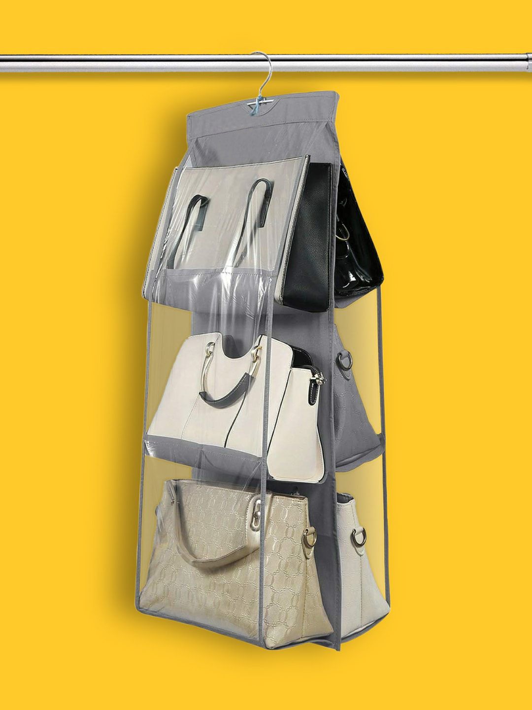 Kuber Industries Grey Hanging Handbag Organizer With 6 Large Compartments & Hanger Price in India