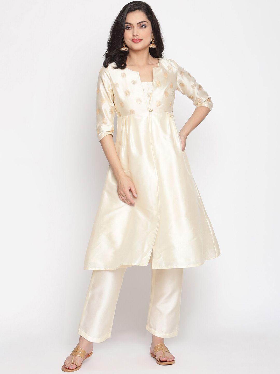 Abhishti Women Off White Empire Waist Front Buttoned Banarasi Jacket Price in India