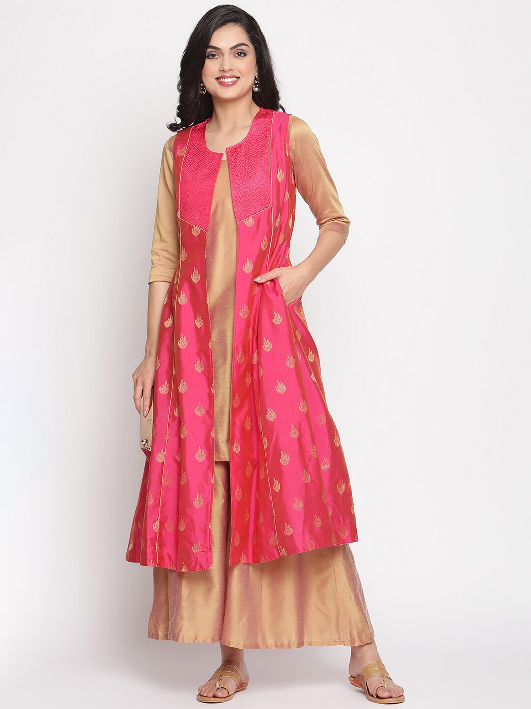 Abhishti Women Pink Longline Sleeveless Panelled Banarasi Jacket Price in India
