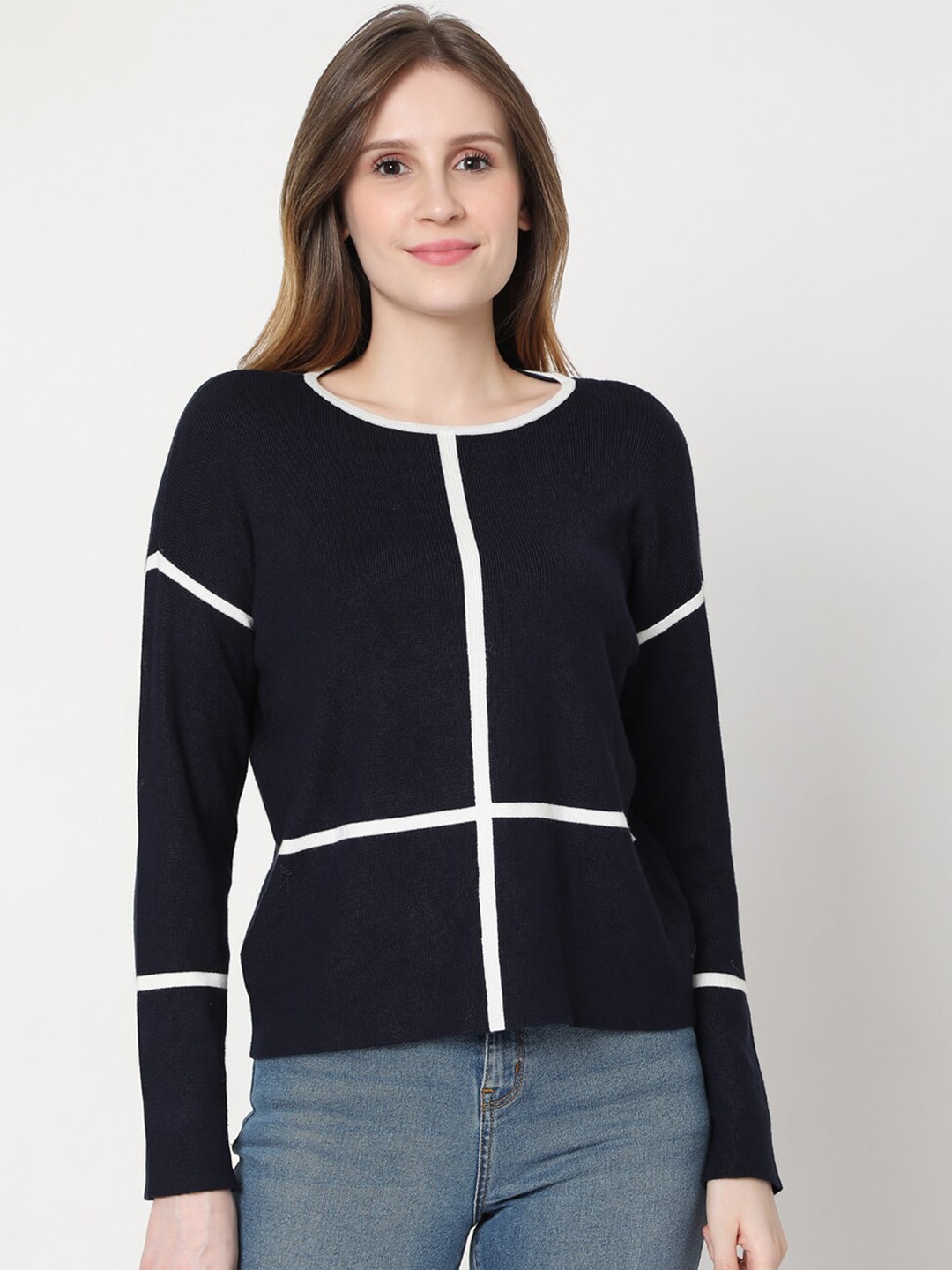 Vero Moda Women Navy Blue Striped Pullover Sweater Price in India