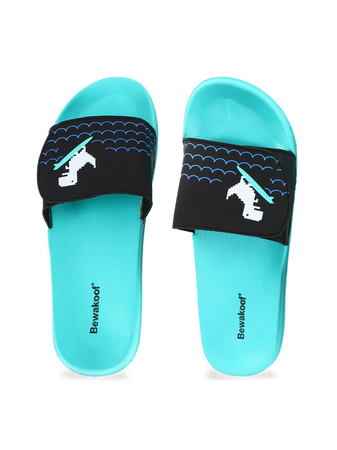 Bewakoof Women Blue & Black Printed Adjustable Strap Rubber Sliders Price in India