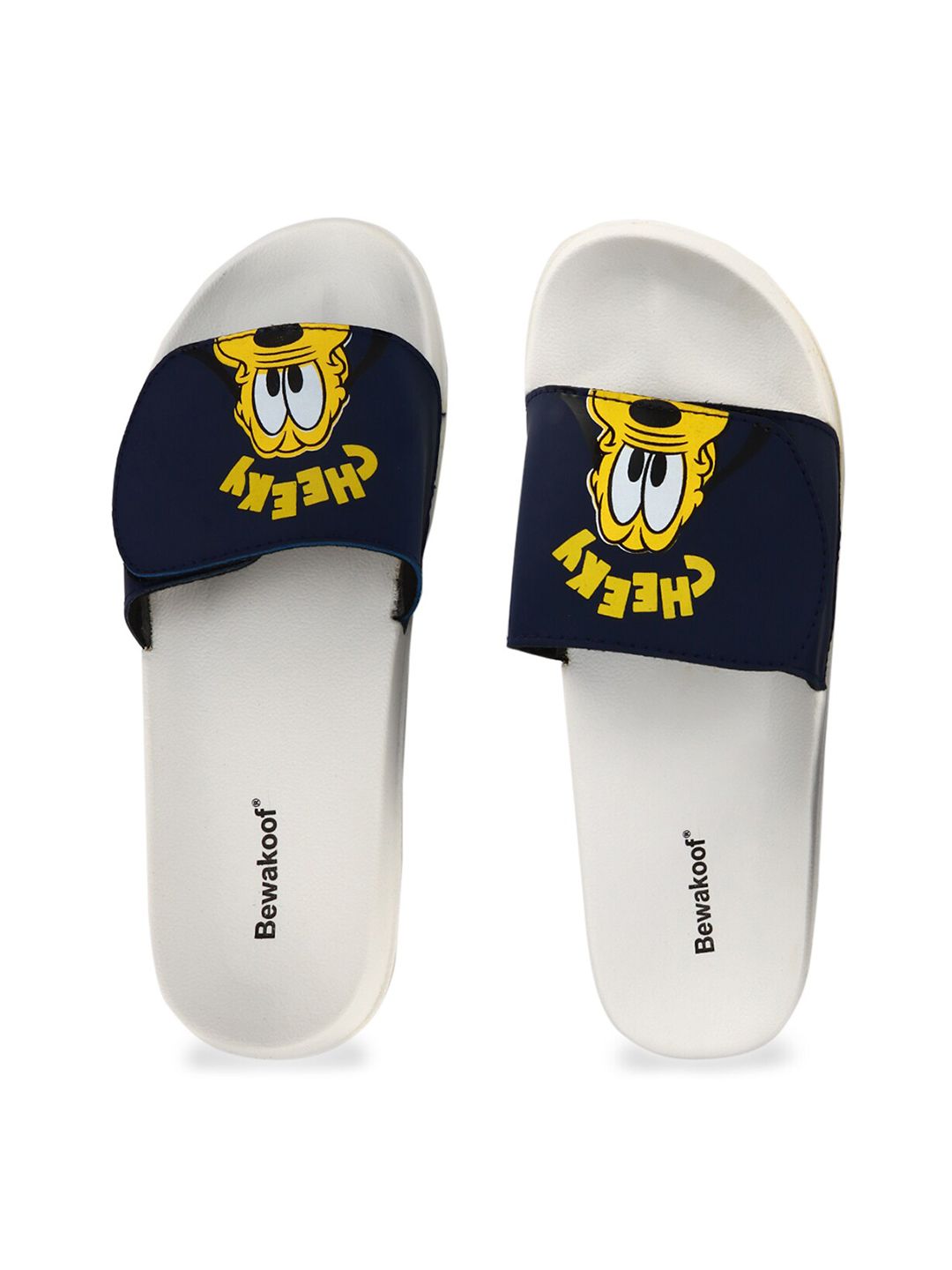 Bewakoof Women White & Navy Blue Printed Rubber Sliders Price in India