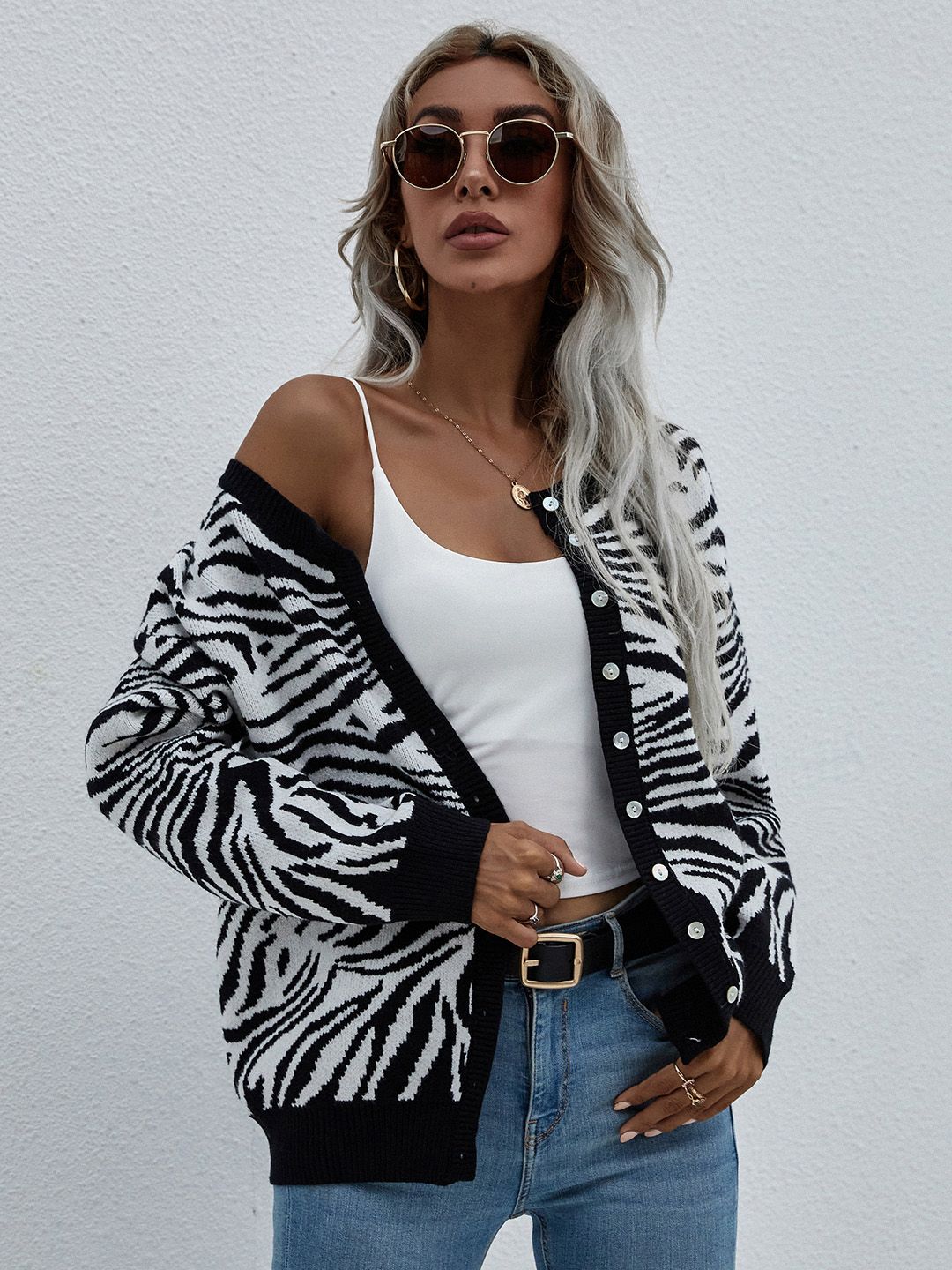 URBANIC Women White & Black Zebra Patterned Cardigan Price in India