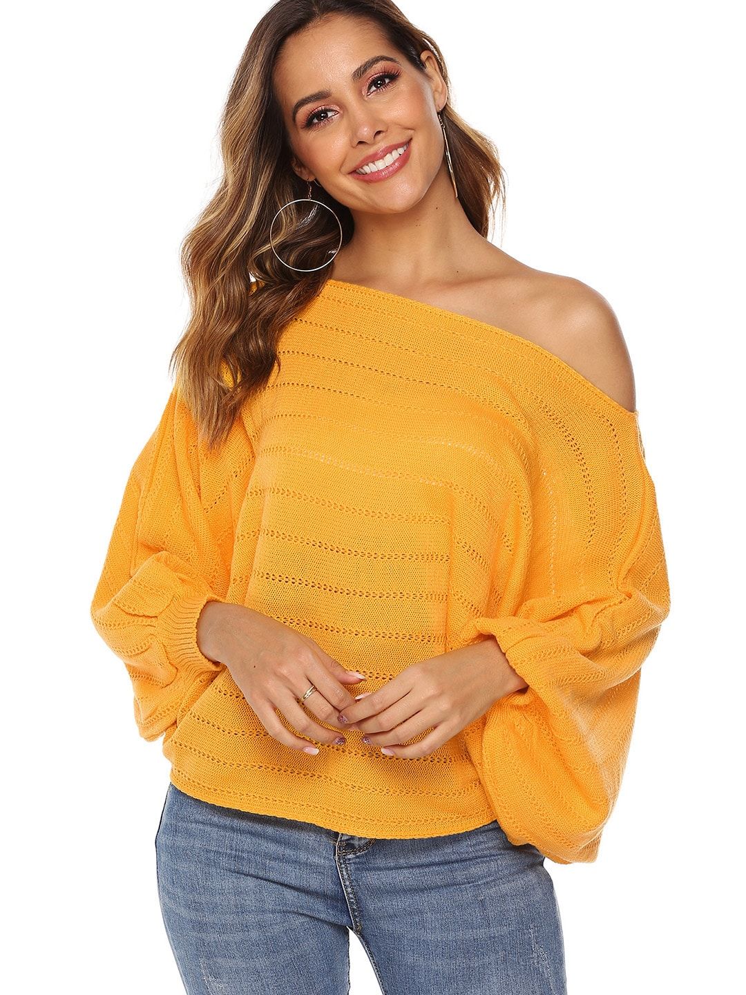 URBANIC Women Yellow One-Shoulder Open-Knit Pullover Price in India