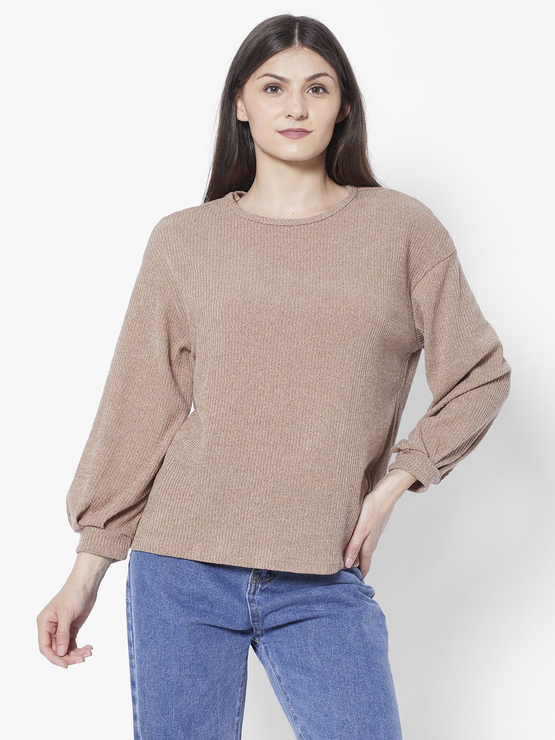 URBANIC Women Brown Round Neck Puff Long Sleeve Pullover Price in India