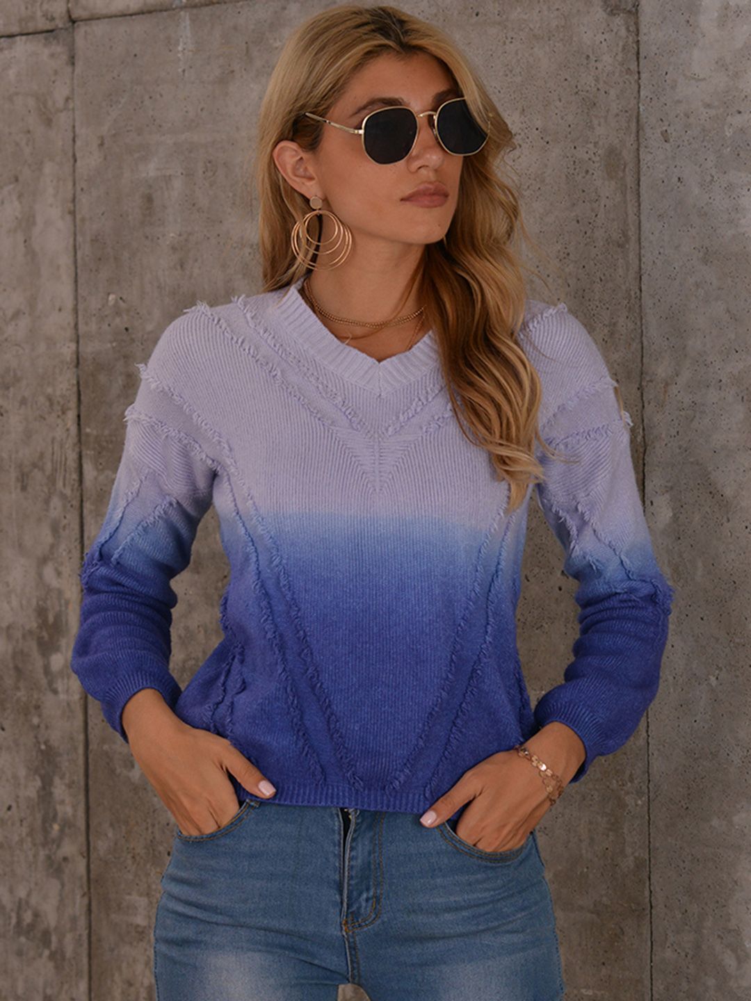 URBANIC Women Blue Lavender Self Design Frayed Detail Pullover