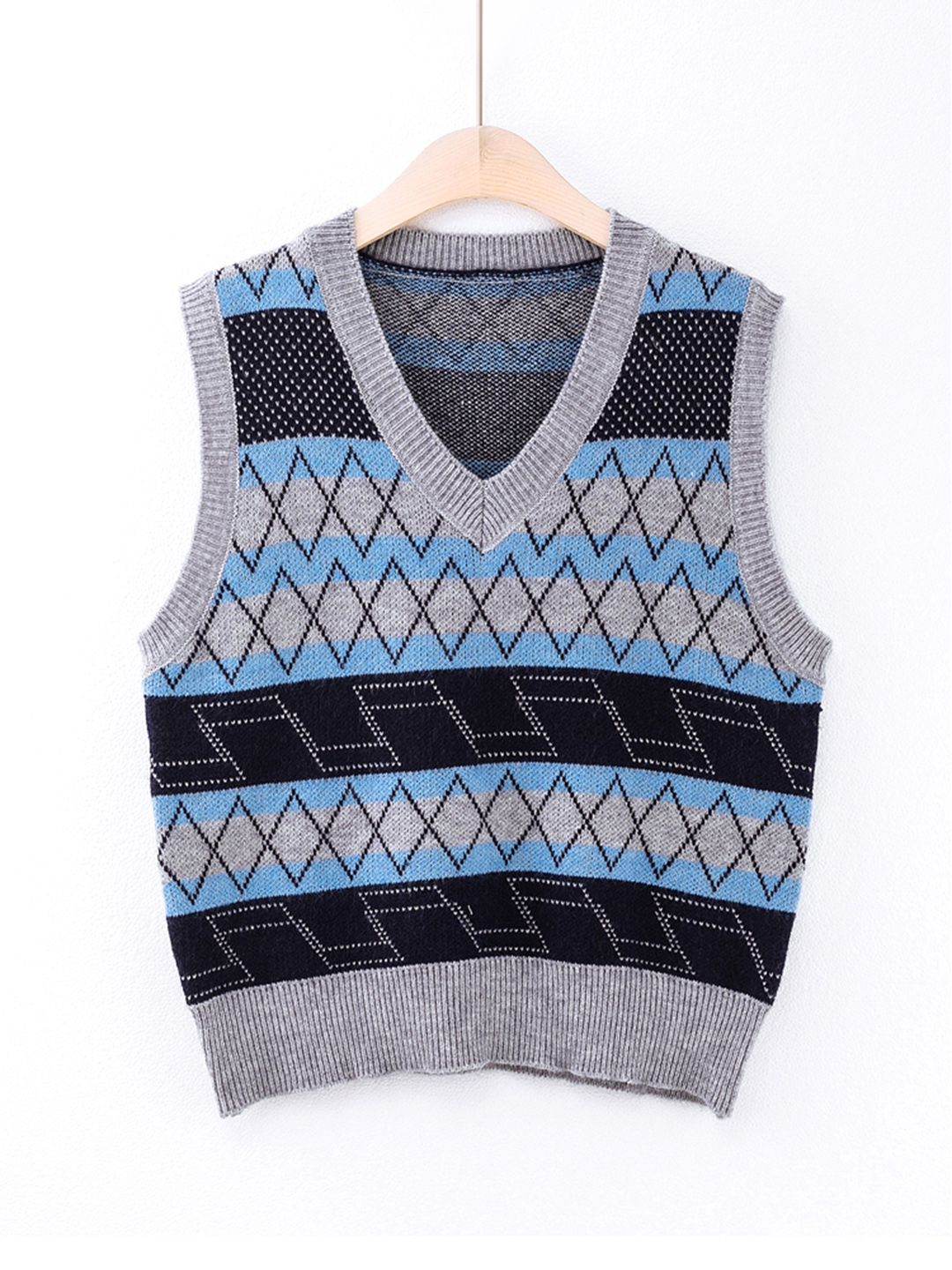 URBANIC Women Blue & Grey Melange Argyle Patterned Sweater Vest Price in India