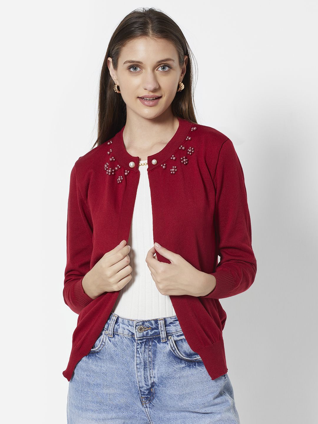 URBANIC Women Red Beaded Cardigan Price in India