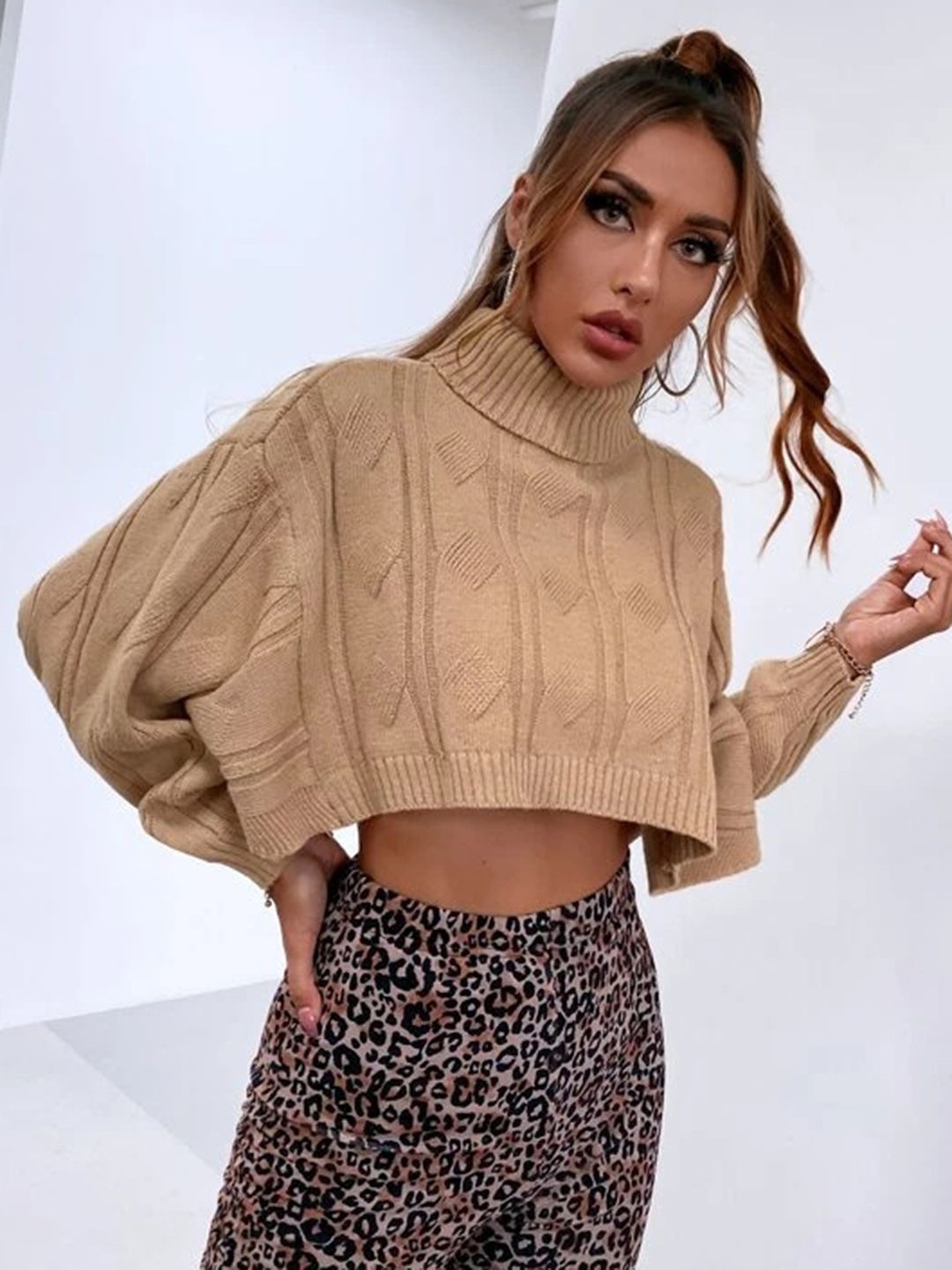 URBANIC Women Beige Self-Design Arm Warmer Crop Sweater Price in India