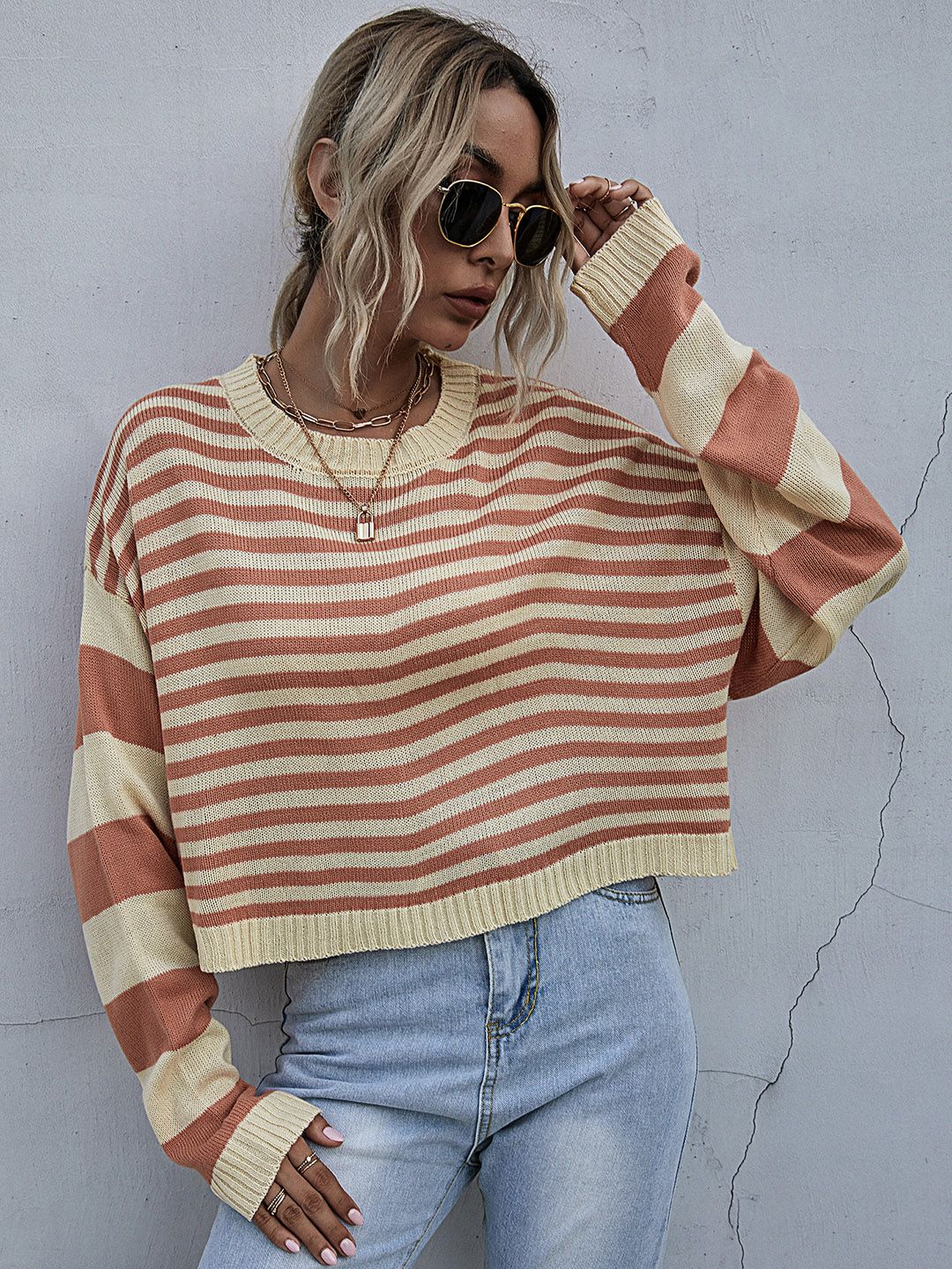 URBANIC Women Rust Orange & Beige Self-Striped Pullover Price in India