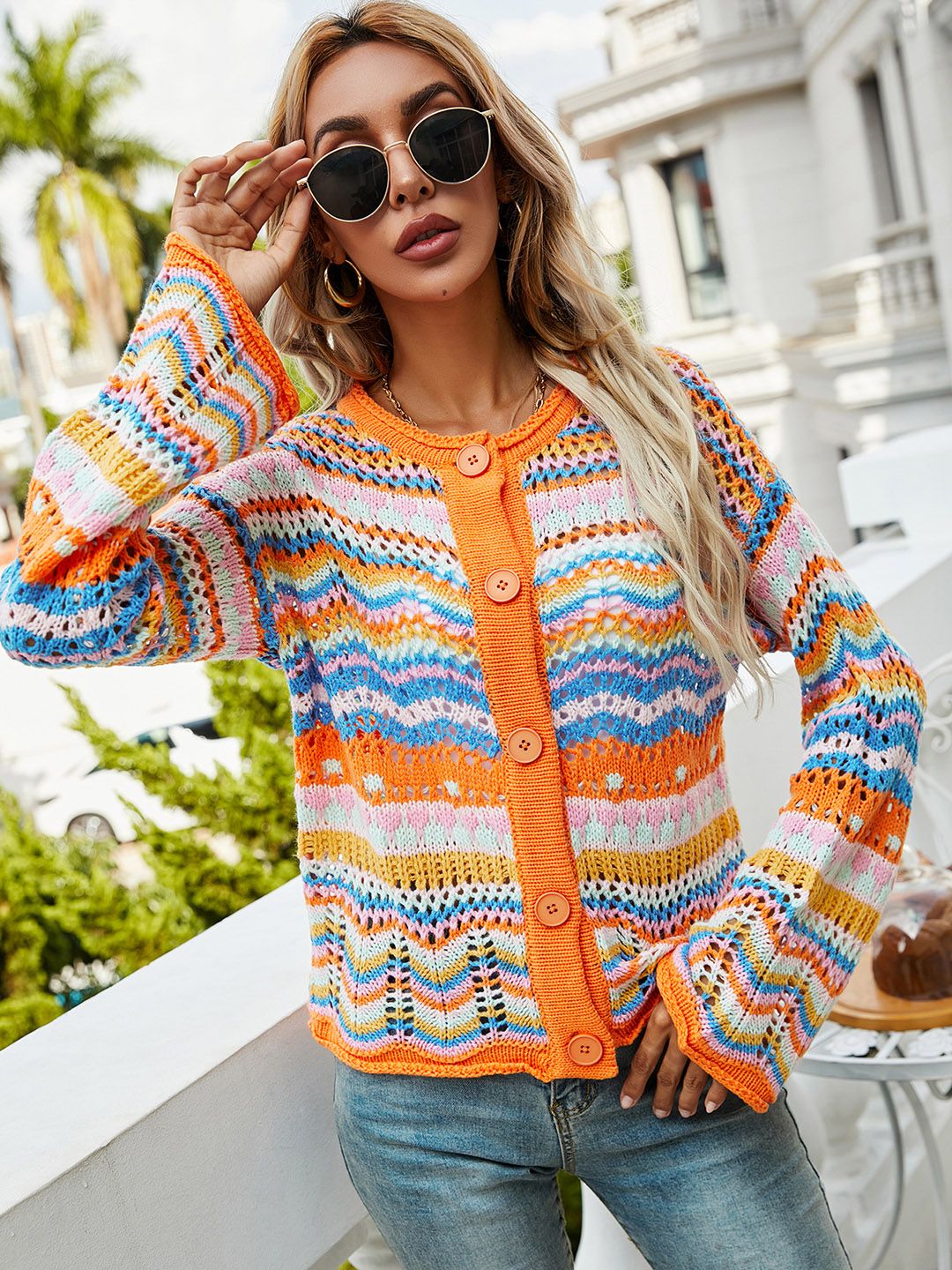 URBANIC Women Orange & White Self Design Open Knit Cardigan Price in India