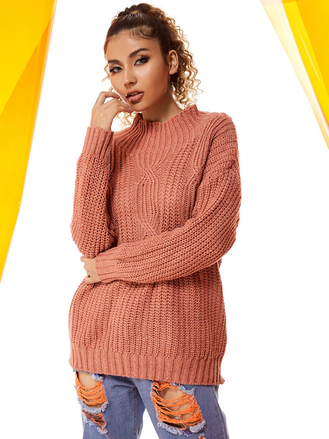 URBANIC Women Pink Cable Knit Pullover Price in India