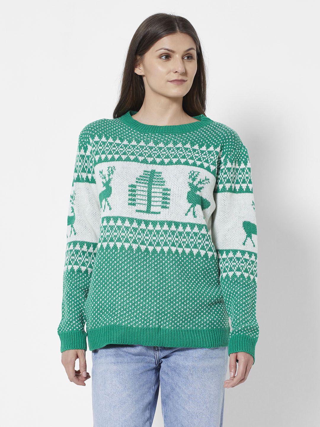 URBANIC Women Green & White Fair Isle Printed Pullover Price in India