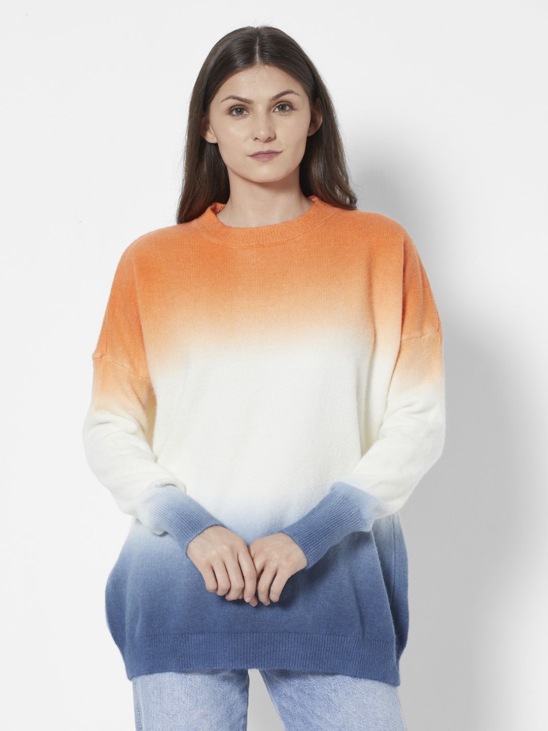 URBANIC Women Orange & White Colourblocked Printed Pullover Price in India