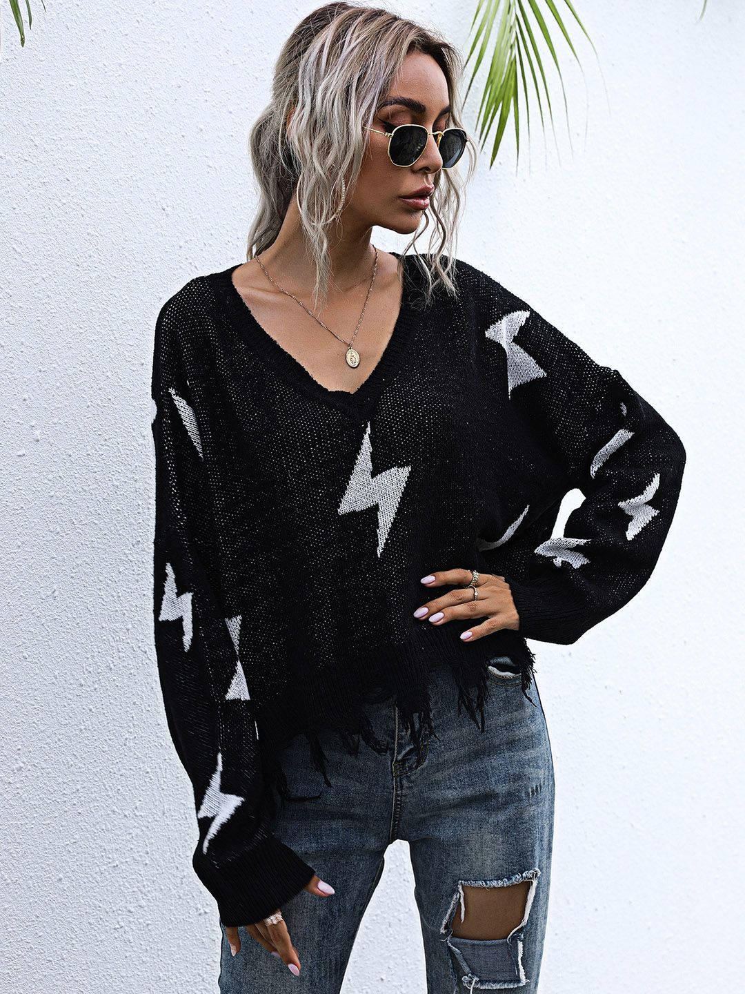 URBANIC Women Black & White Lightning Bolt Pattern Pullover Sweater with Fringed Detail Price in India