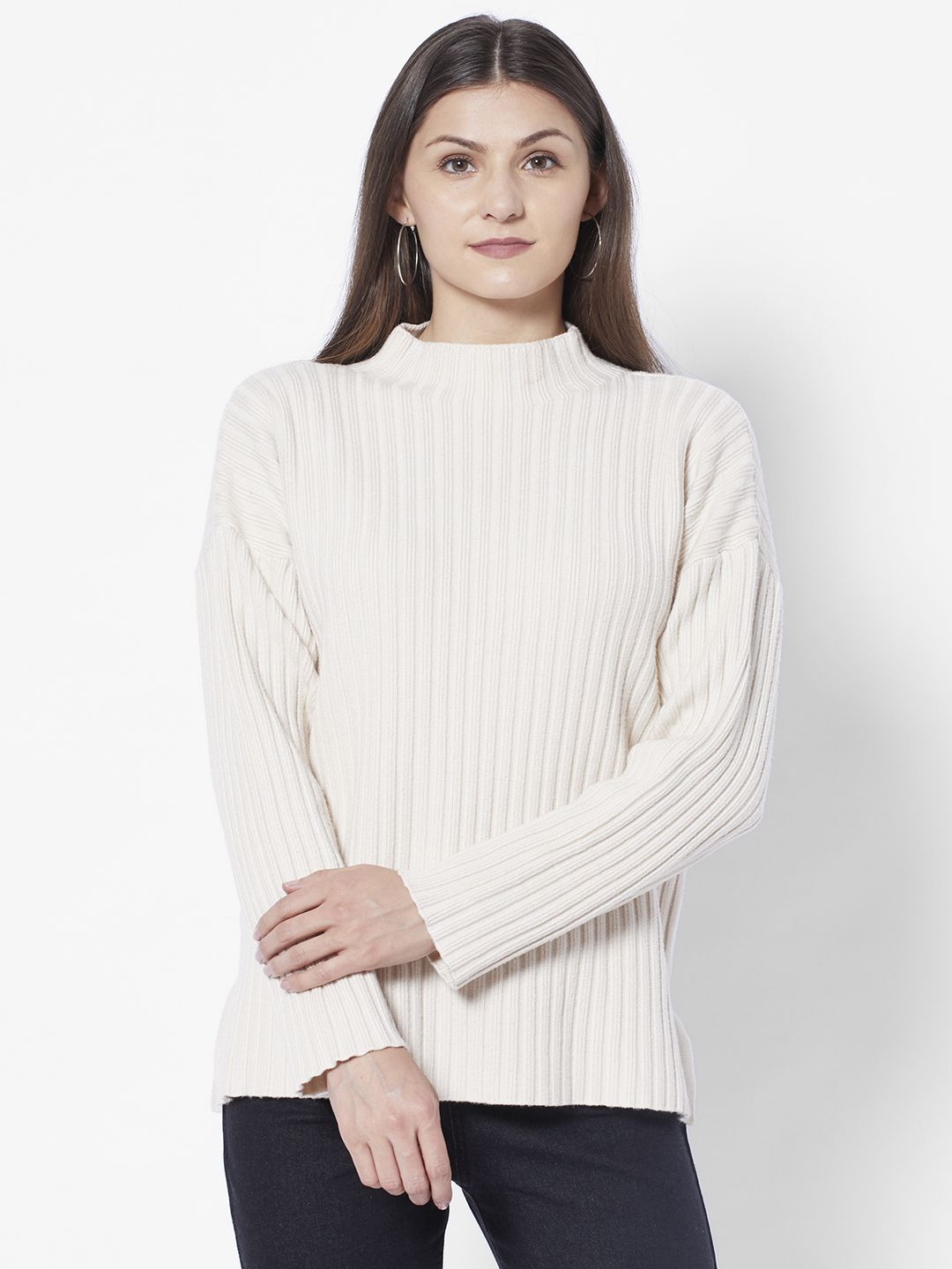 URBANIC Women White Ribbed Pullover Price in India