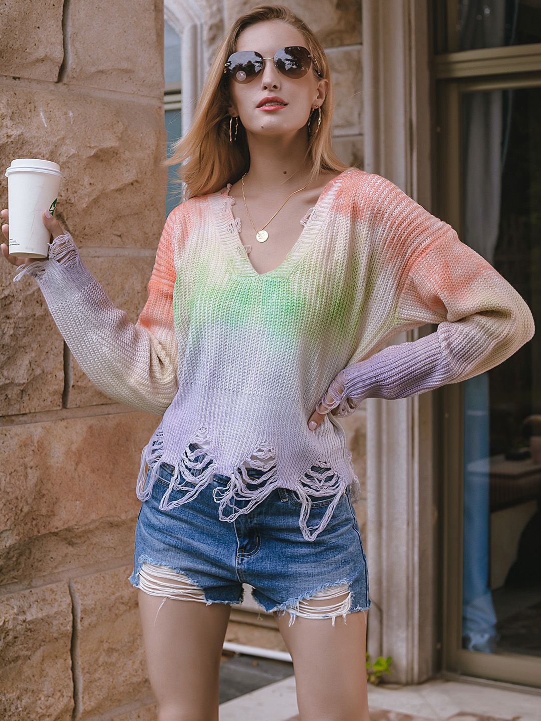 URBANIC Women Multicoloured Dyed Ripped Pullover Sweater Price in India