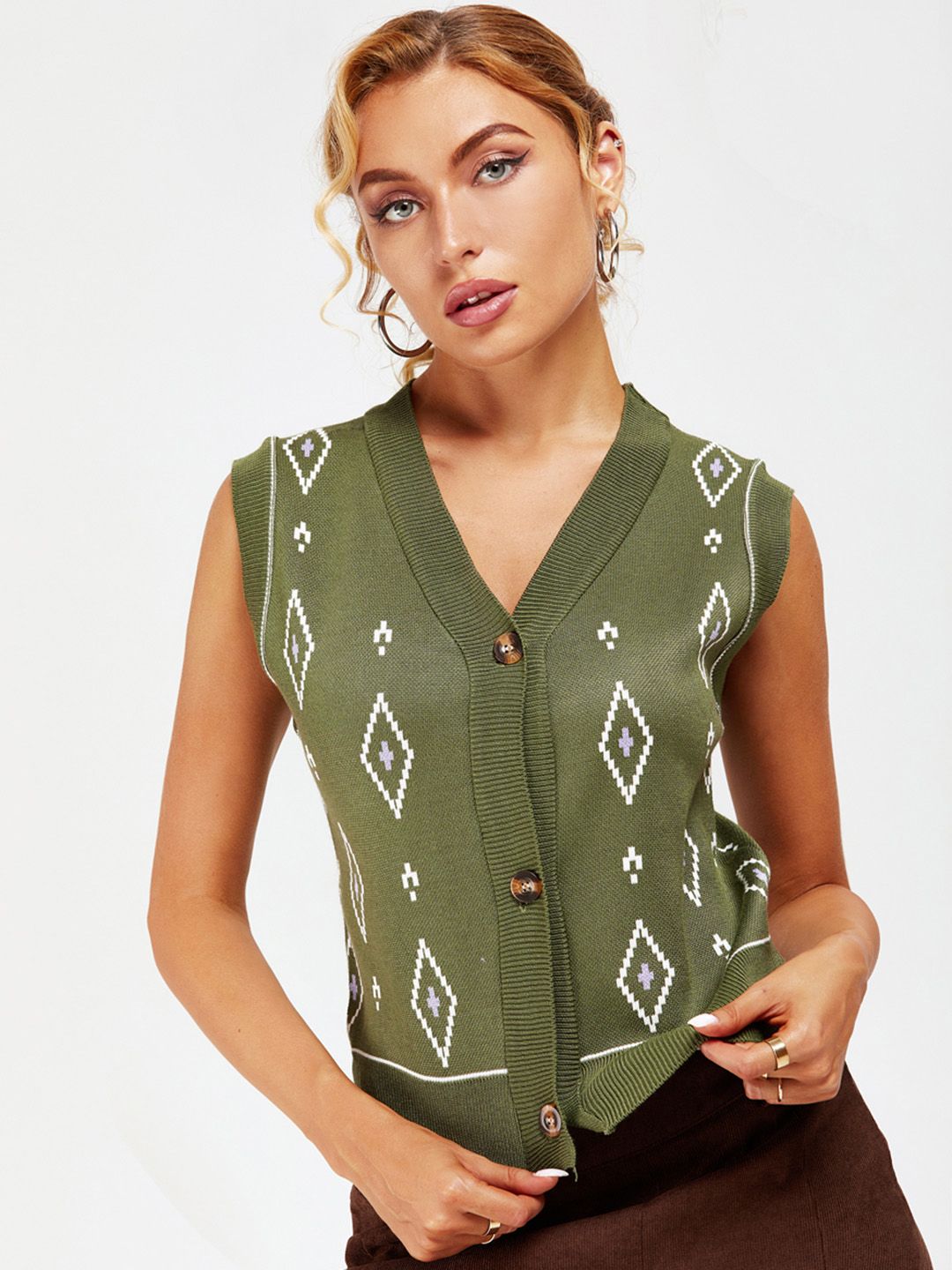 URBANIC Women Olive Green & White Geometric Patterned Sweater Vest Price in India