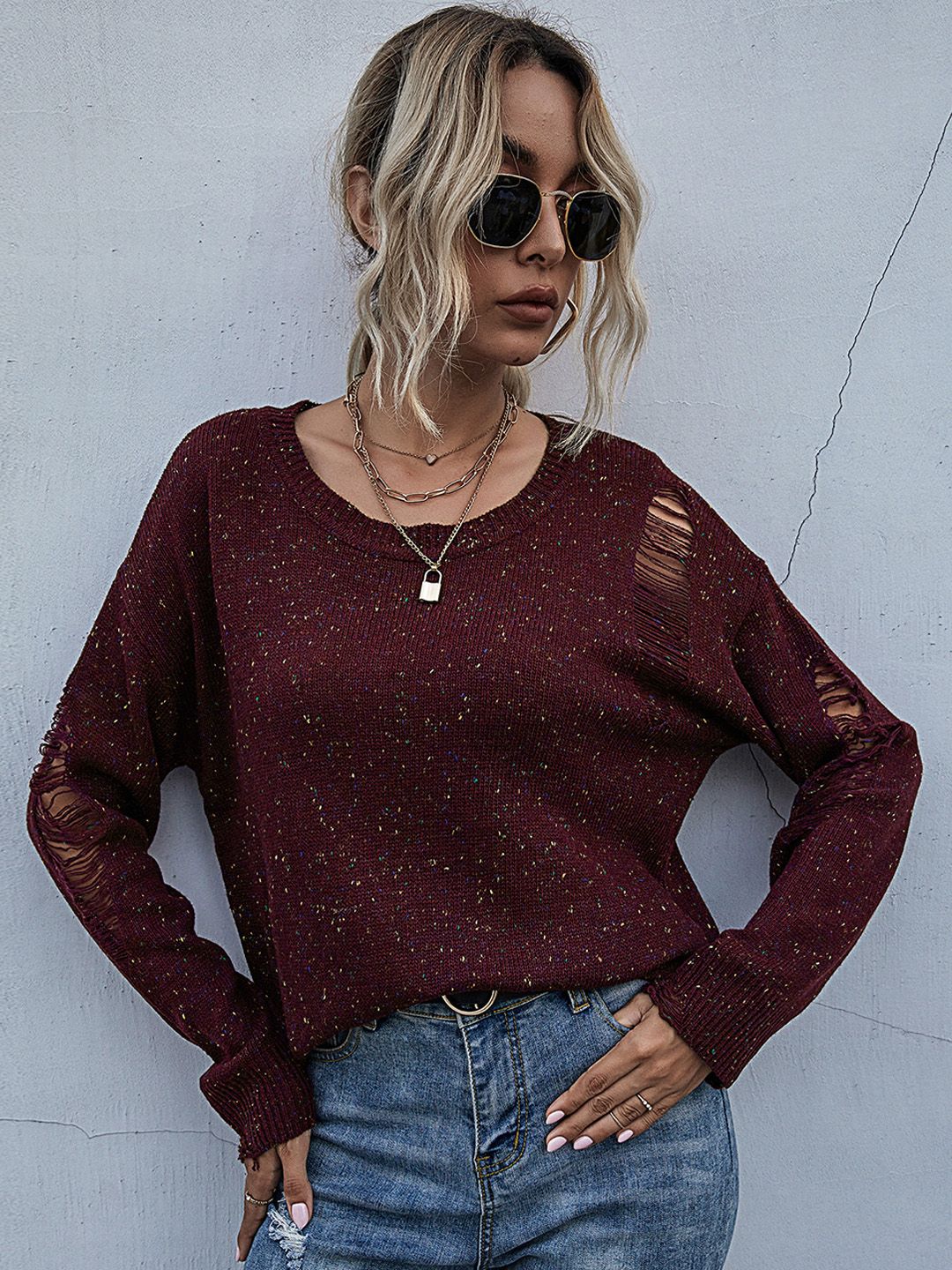 URBANIC Women Burgundy Speckled Pullover with Ripped Detail Price in India