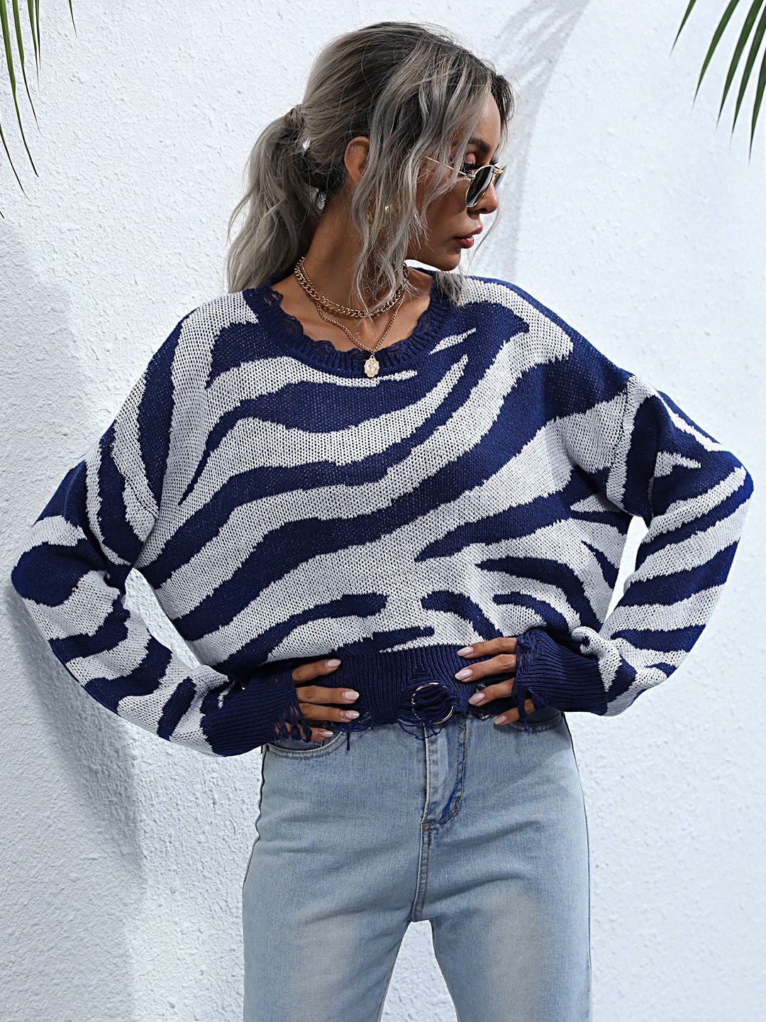 URBANIC Women Navy Blue & White Zebra Pattern Pullover Price in India