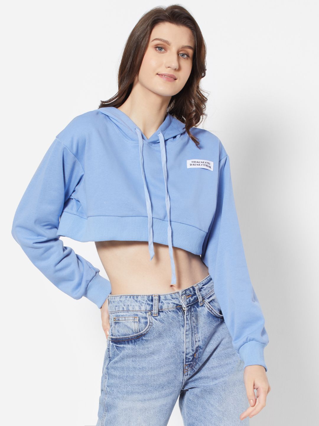 URBANIC Women Blue Hooded Crop Sweatshirt Price in India