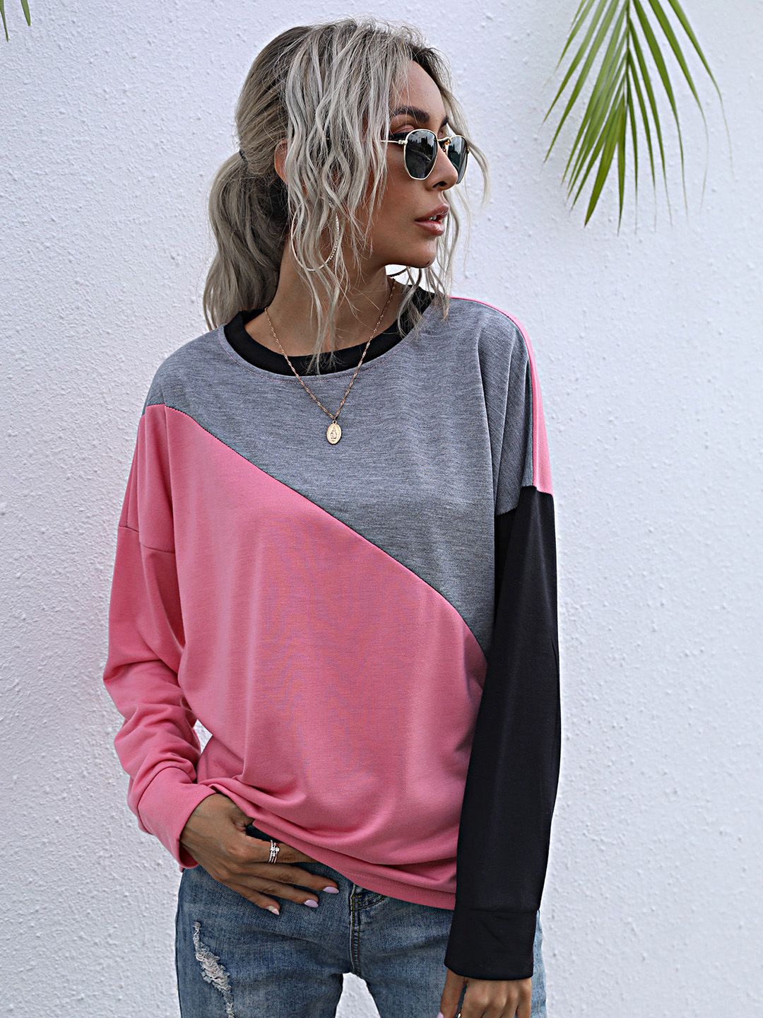 URBANIC Women Pink & Grey Melange Colourblocked Relaxed Fit Longline Sweatshirt Price in India
