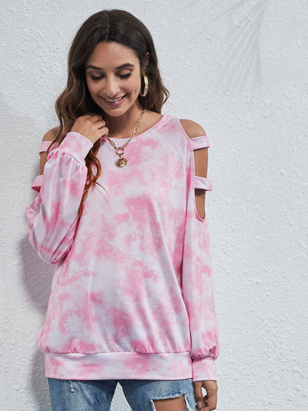 URBANIC Women Pink & White Tie & Dye Sweatshirt with Cut Out Detail Price in India