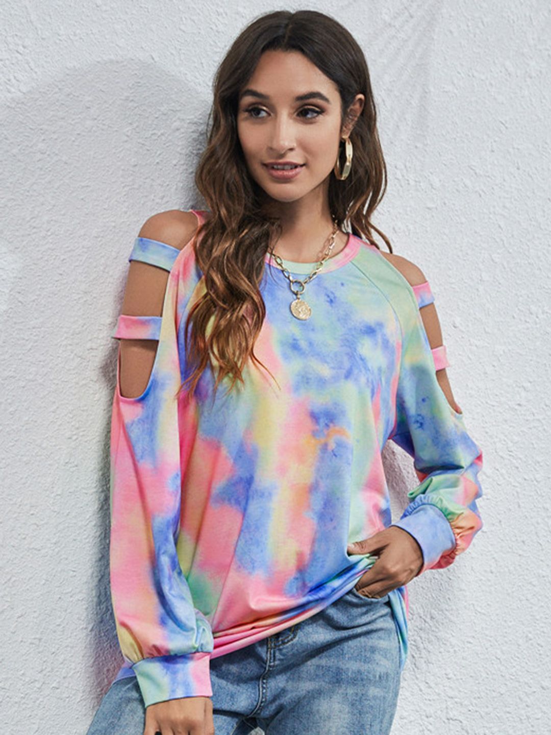 URBANIC Women Multicoloured Tie & Dye Sweatshirt with Cut Out Detail Price in India