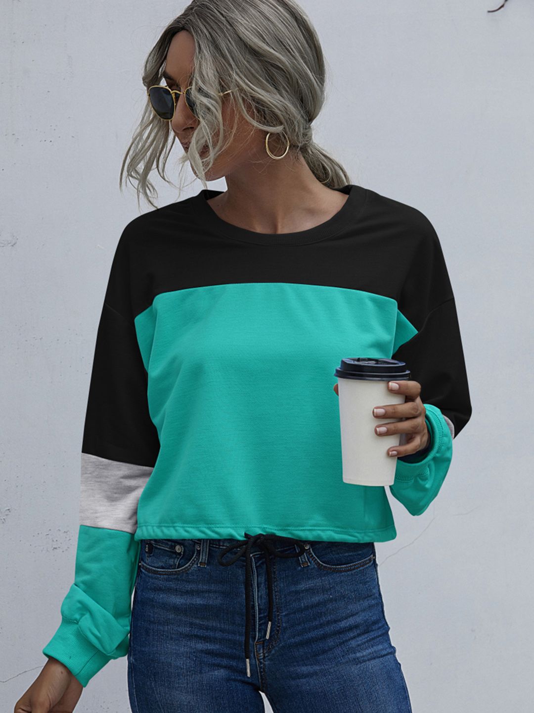 URBANIC Women Green & Black Pure Cotton Colourblocked Sweatshirt Price in India