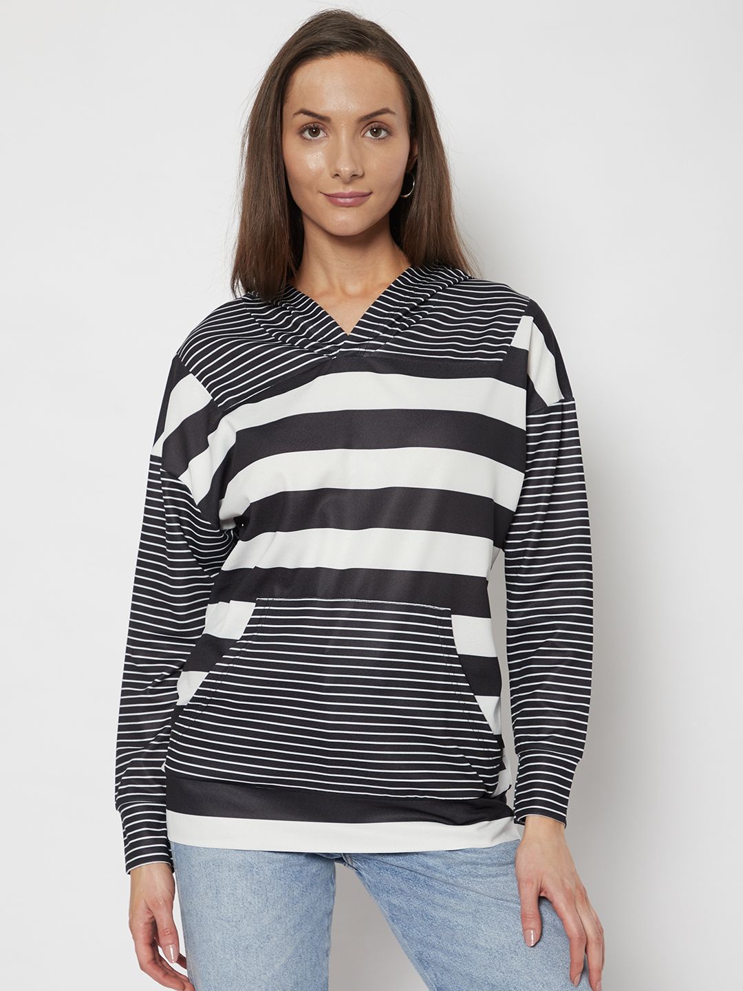 URBANIC Women Black Striped Sweatshirt Price in India